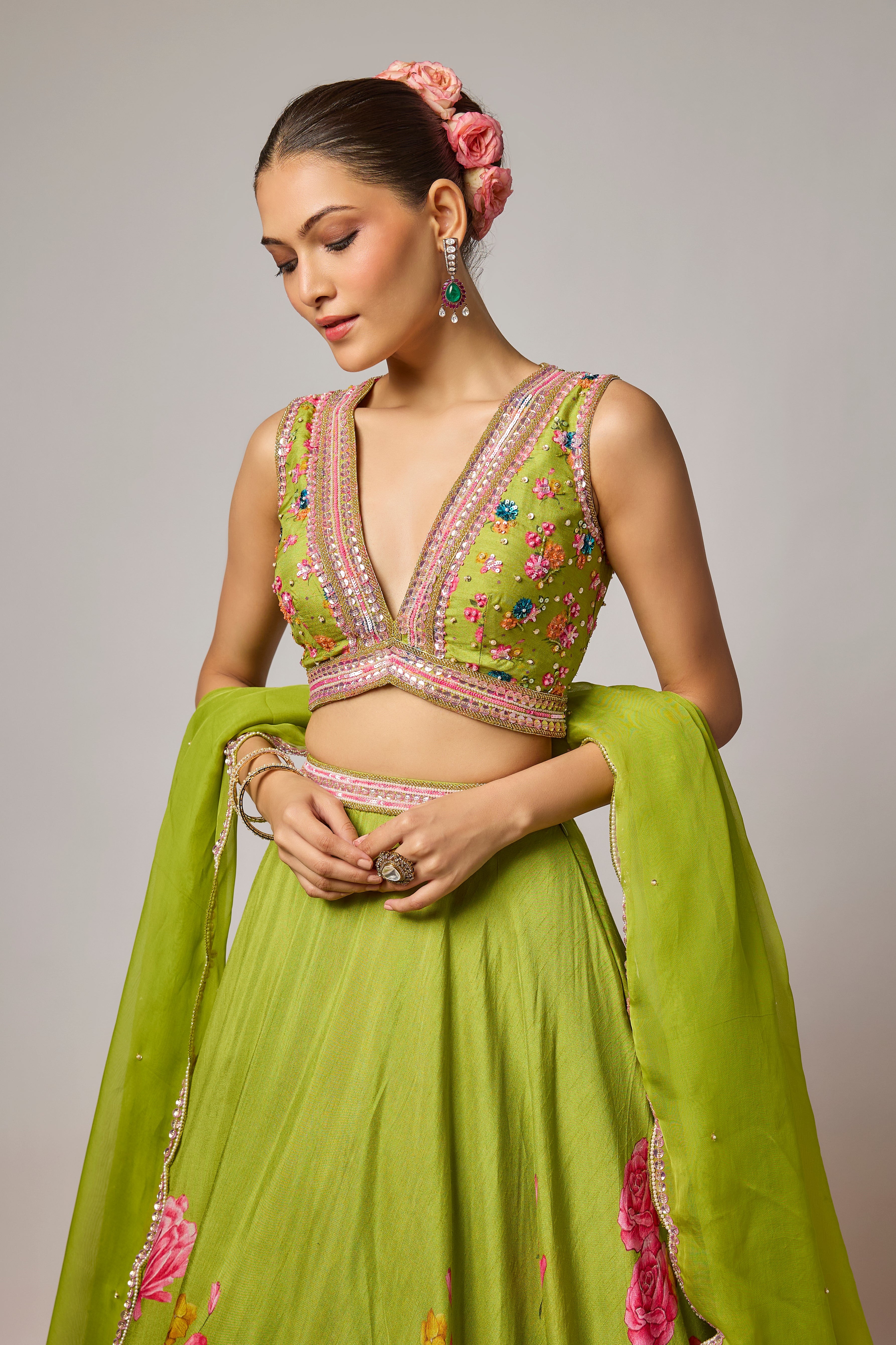 Mehendi Green Dola Silk Floral Printed Lehenga Set