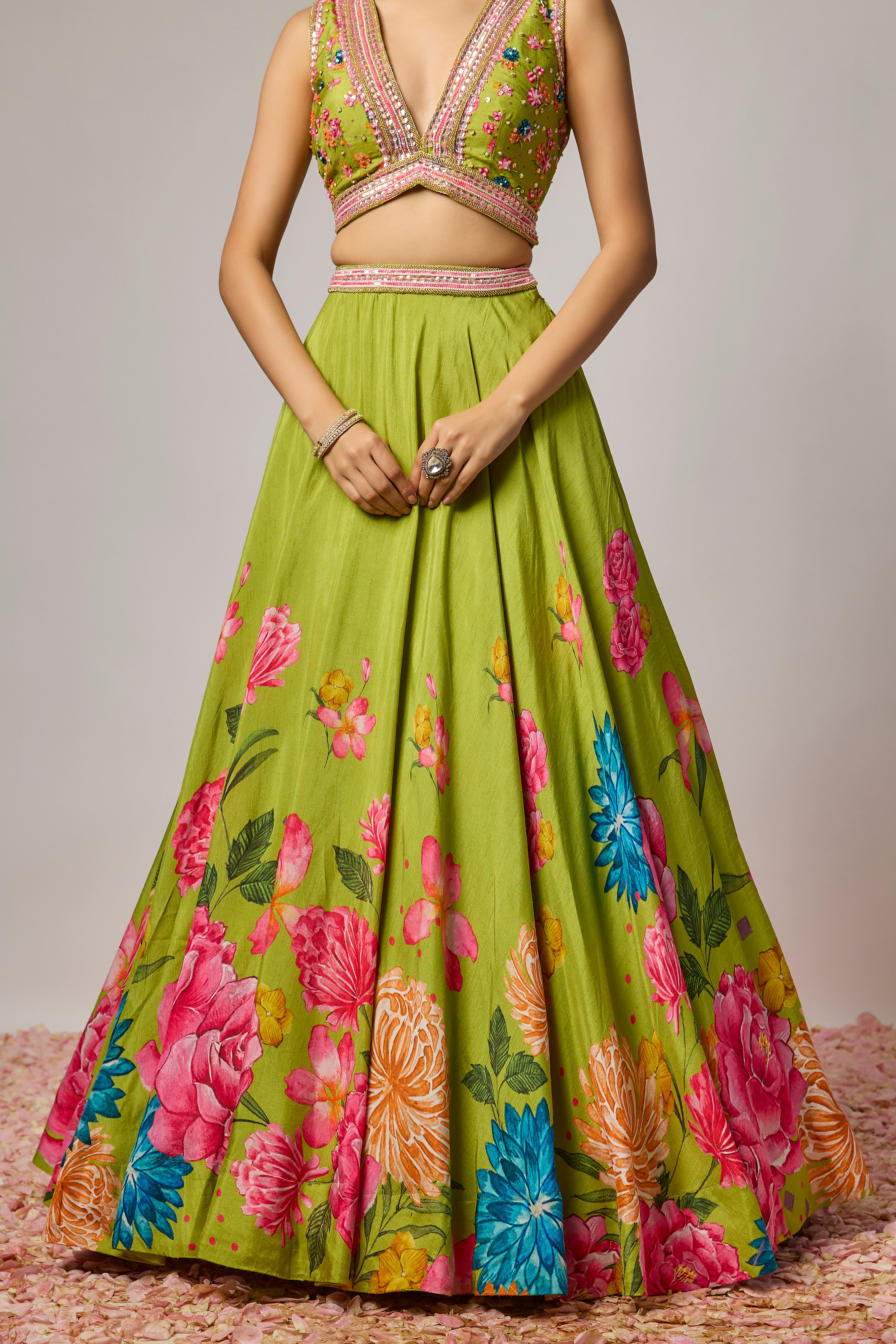 Mehendi Green Dola Silk Floral Printed Lehenga Set