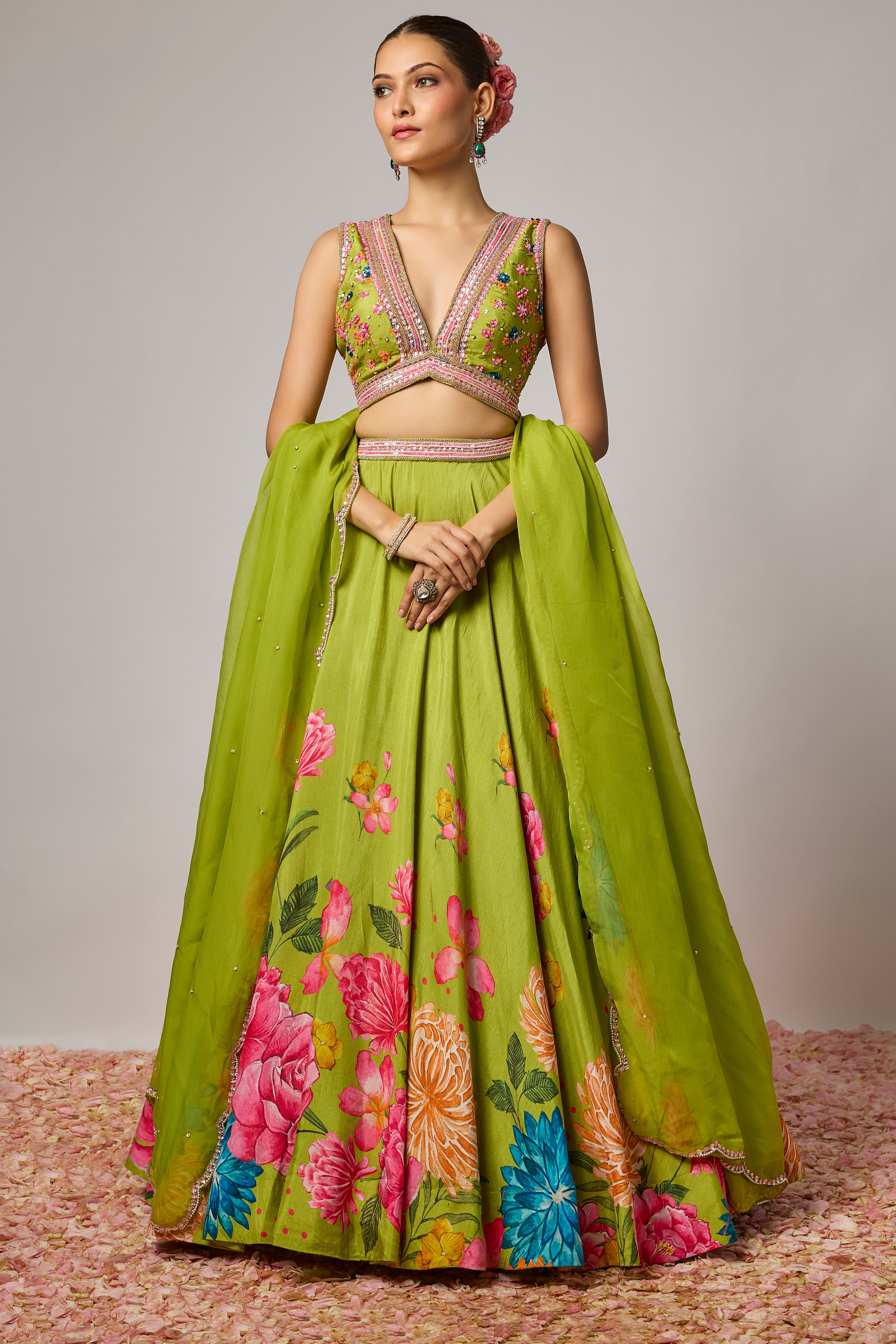 Mehendi Green Dola Silk Floral Printed Lehenga Set