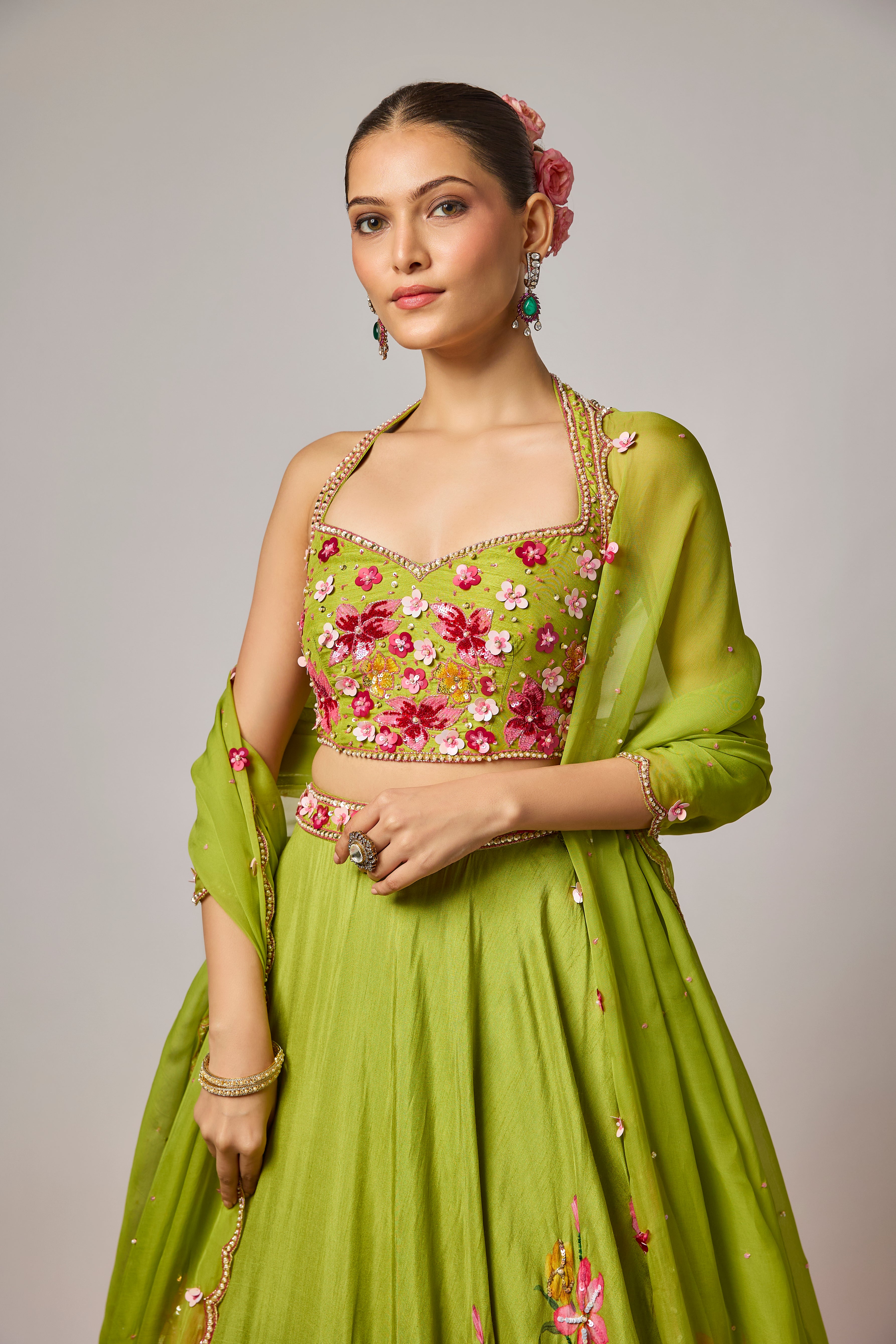 Mehendi Green Dola Silk Embroidered Floral Lehenga Set