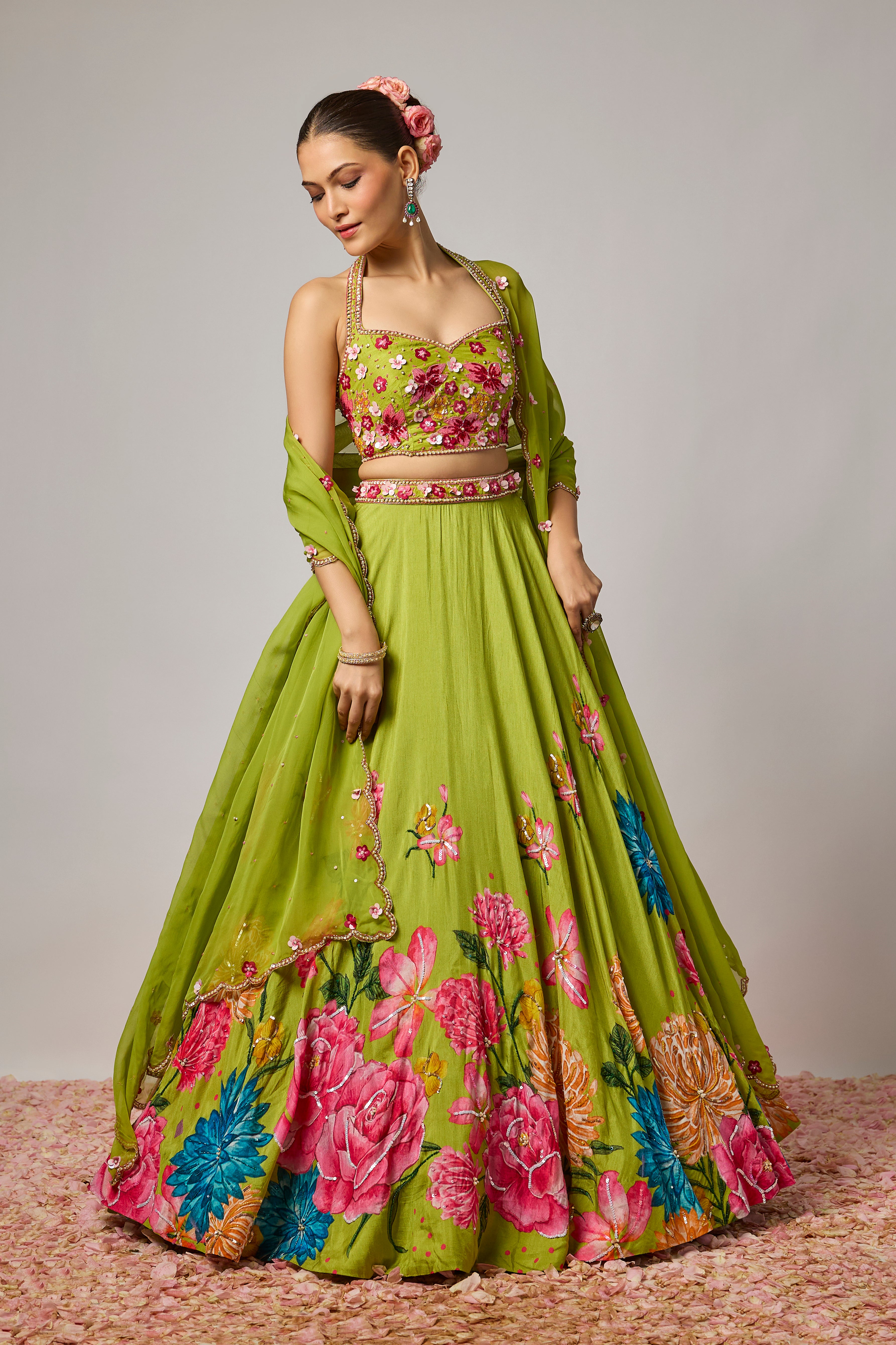 Mehendi Green Dola Silk Embroidered Floral Lehenga Set