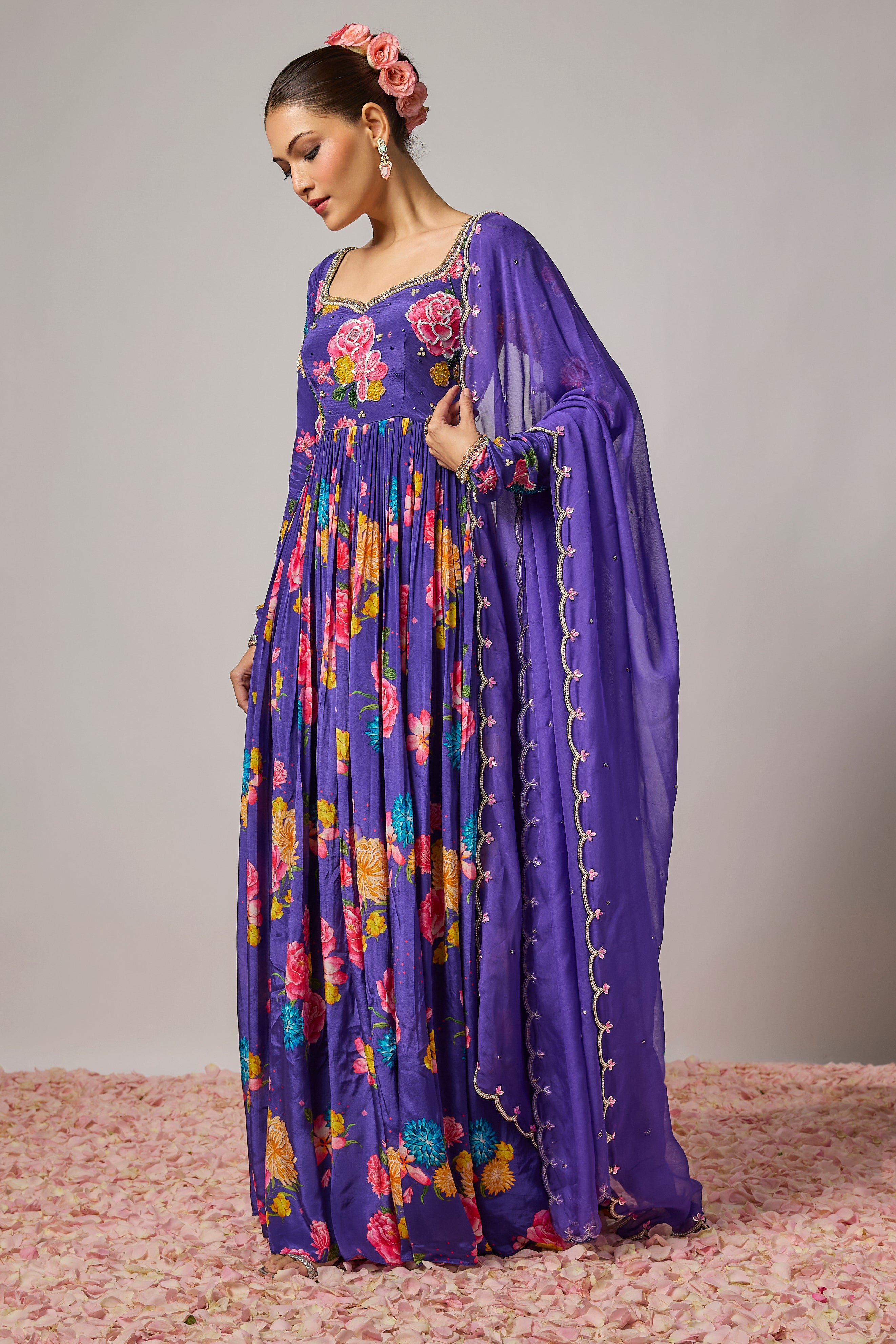 Deep Purple Pure Crepe Embroidered Floral Anarkali Set