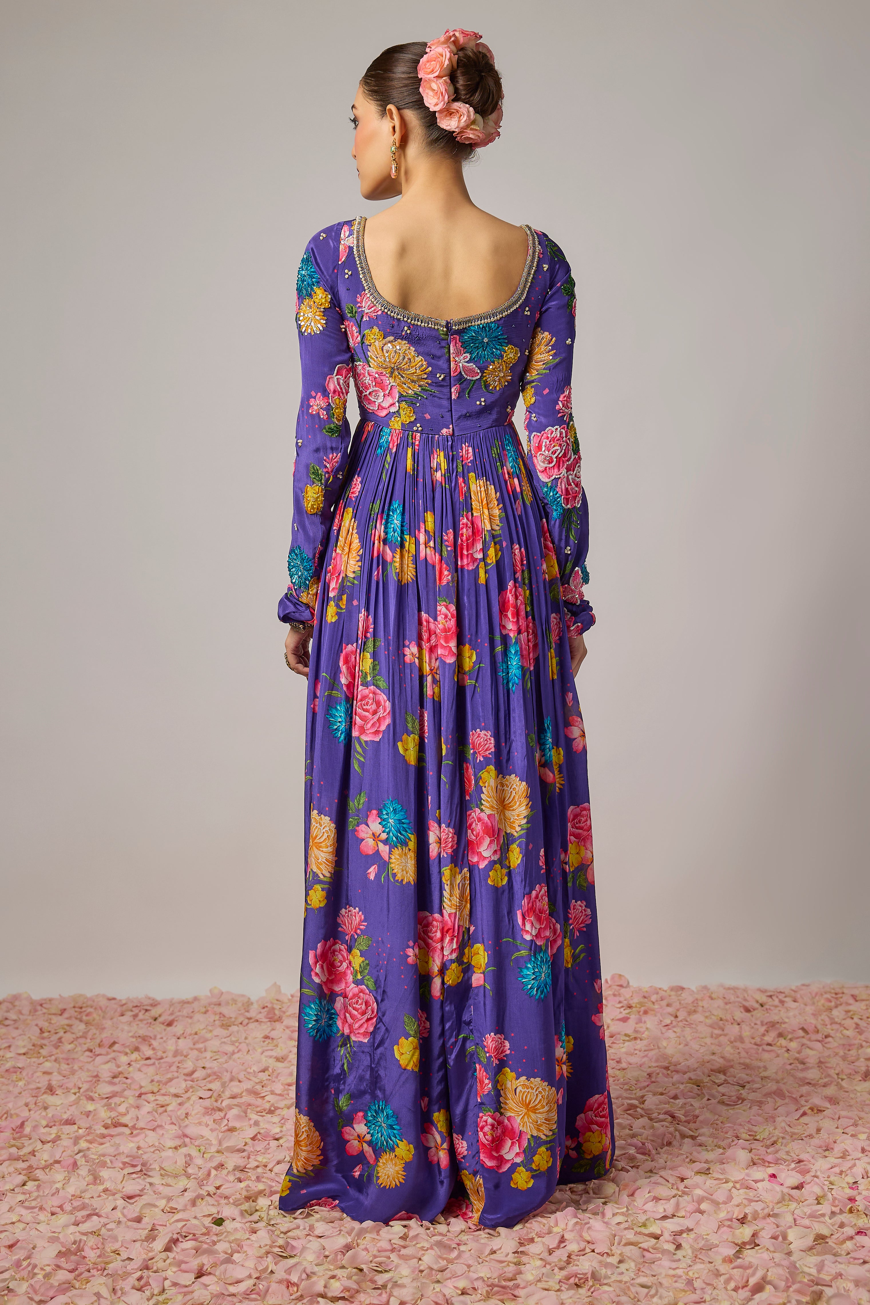 Deep Purple Pure Crepe Embroidered Floral Anarkali Set