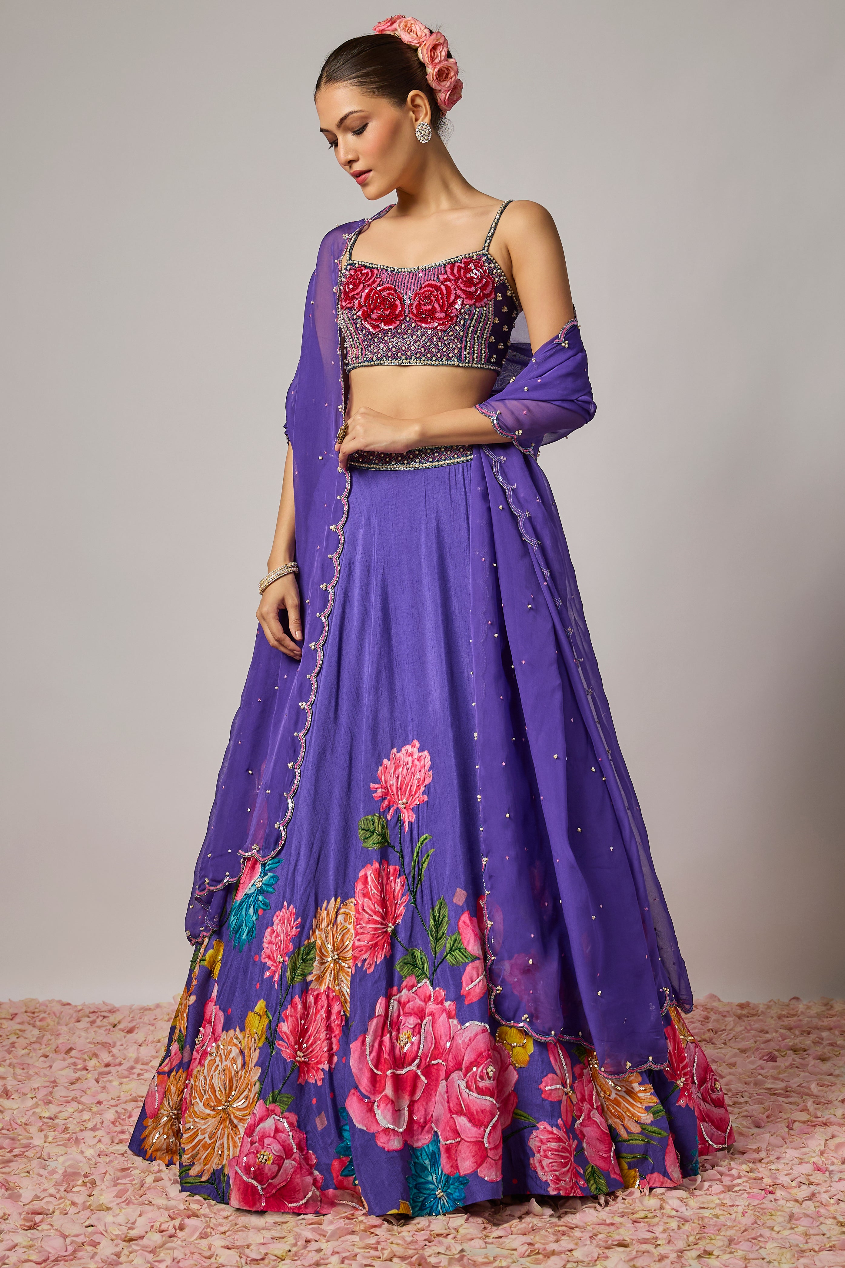Deep Purple Dola Silk Embroidered Floral Lehenga Set
