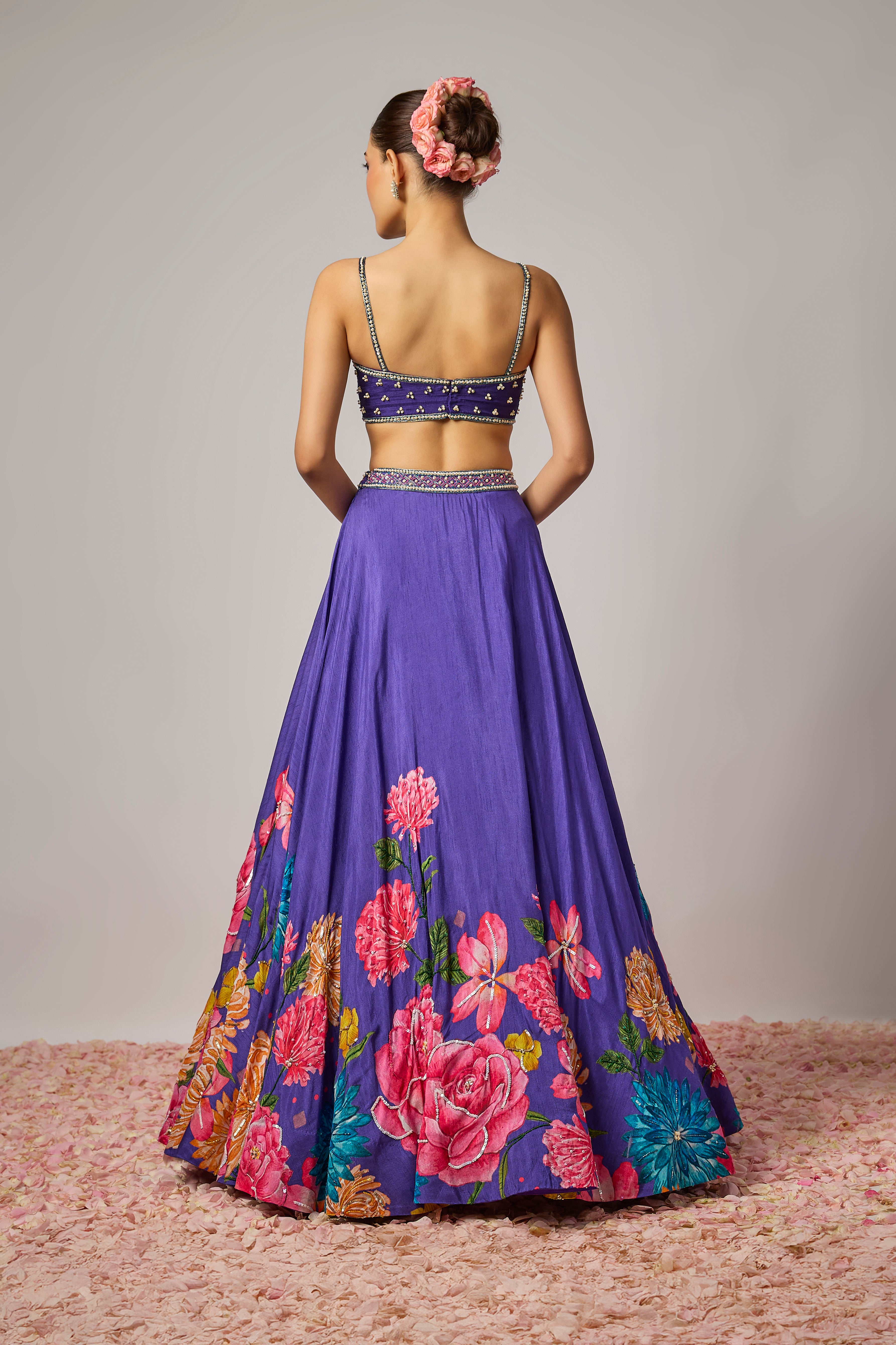Deep Purple Dola Silk Embroidered Floral Lehenga Set