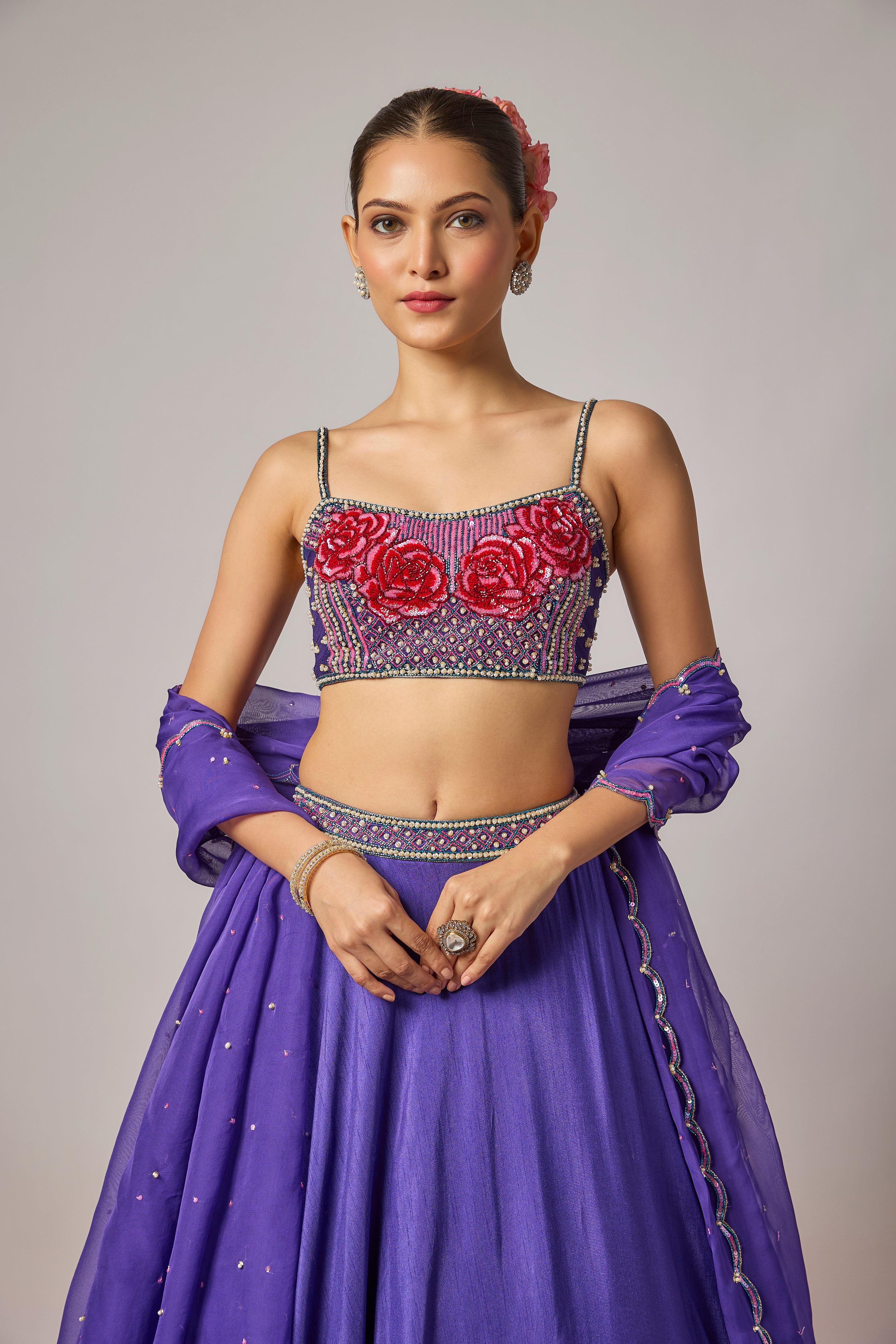 Deep Purple Dola Silk Embroidered Floral Lehenga Set