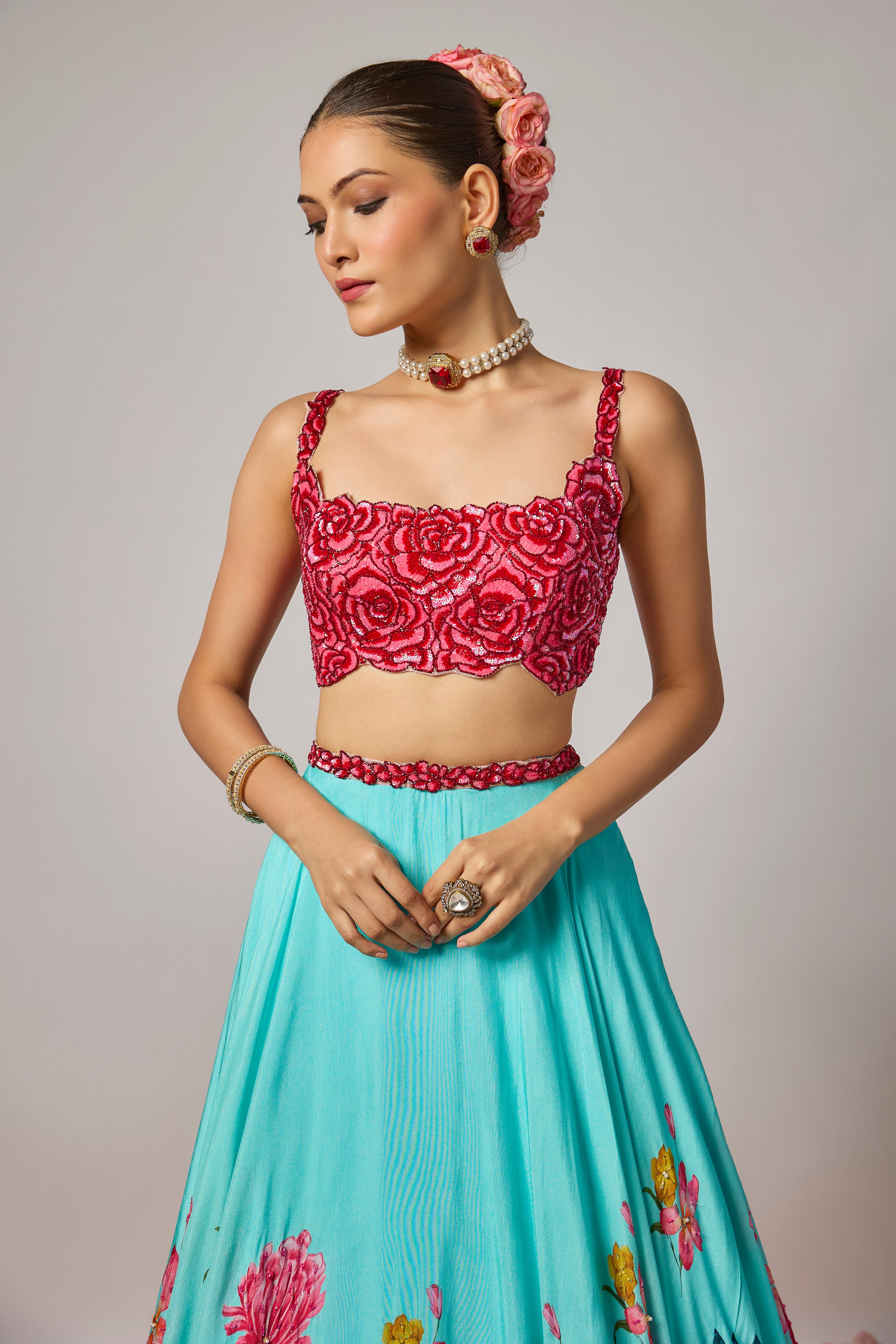 Raspberry Pink Silk Hand-Embroidered Sequin Floral Blouse