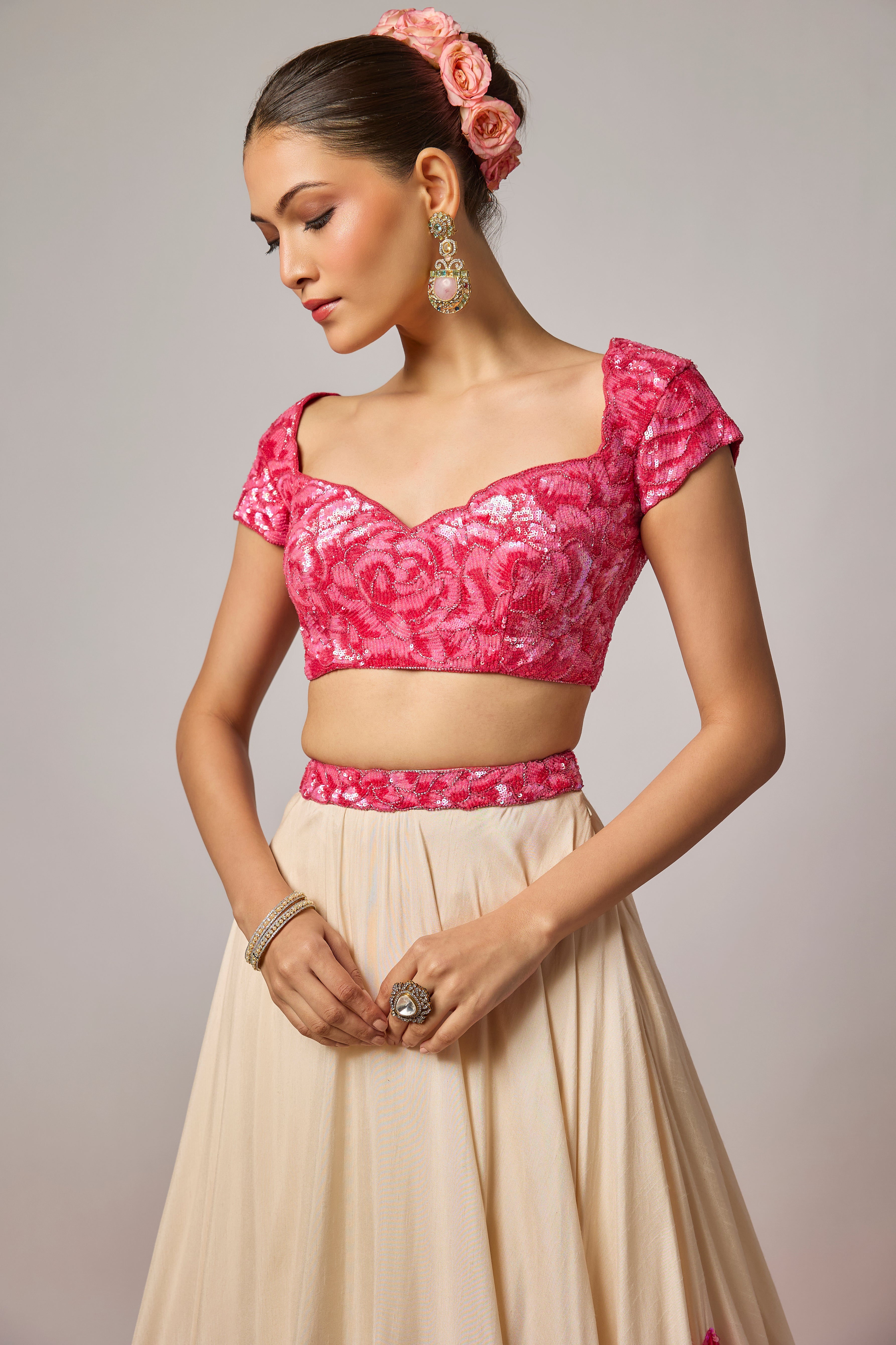 Deep Rose Pink Silk Sequin Embroidered Floral Blouse