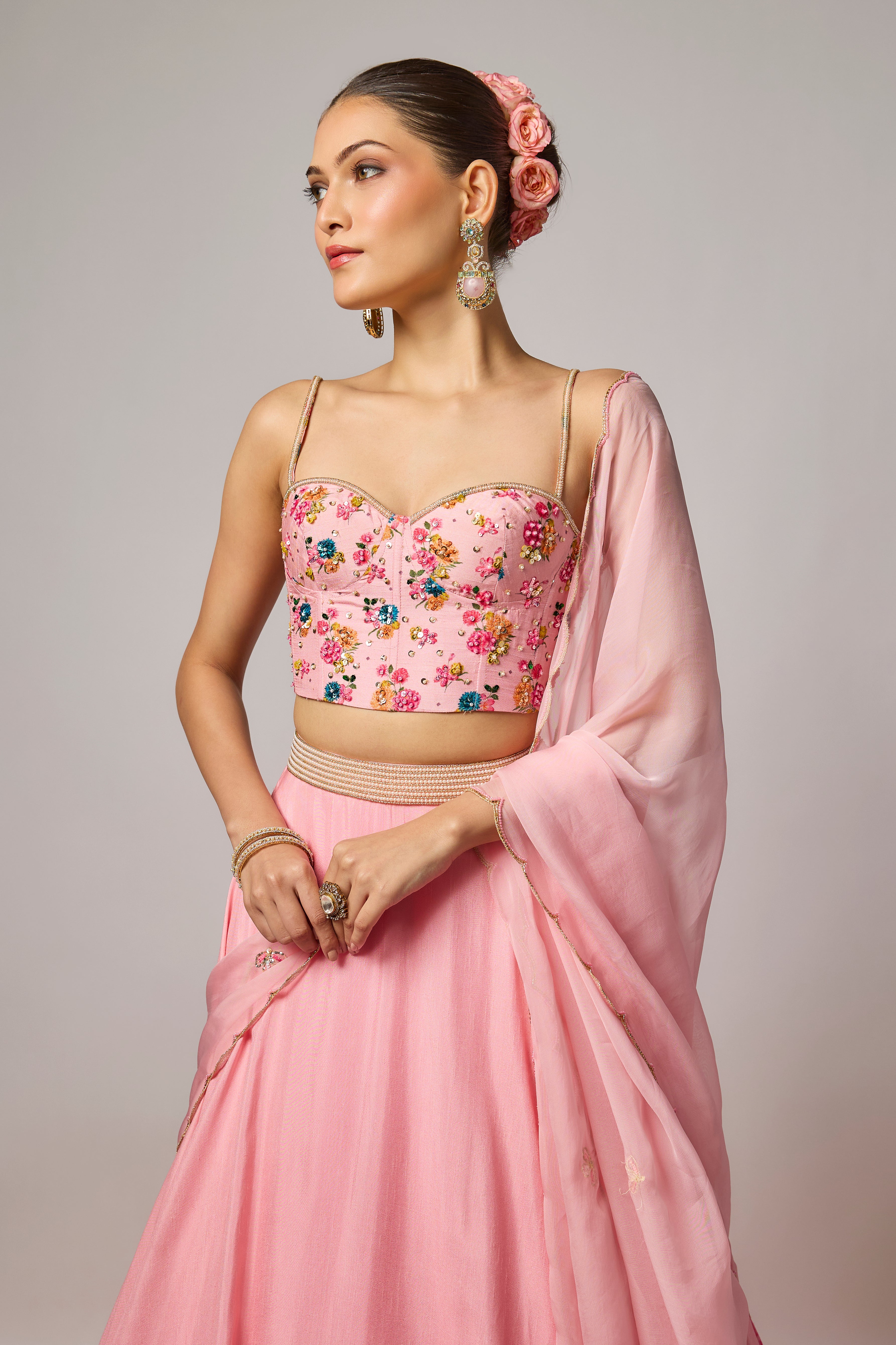 Blush Pink Dola Silk Floral Printed Lehenga Set