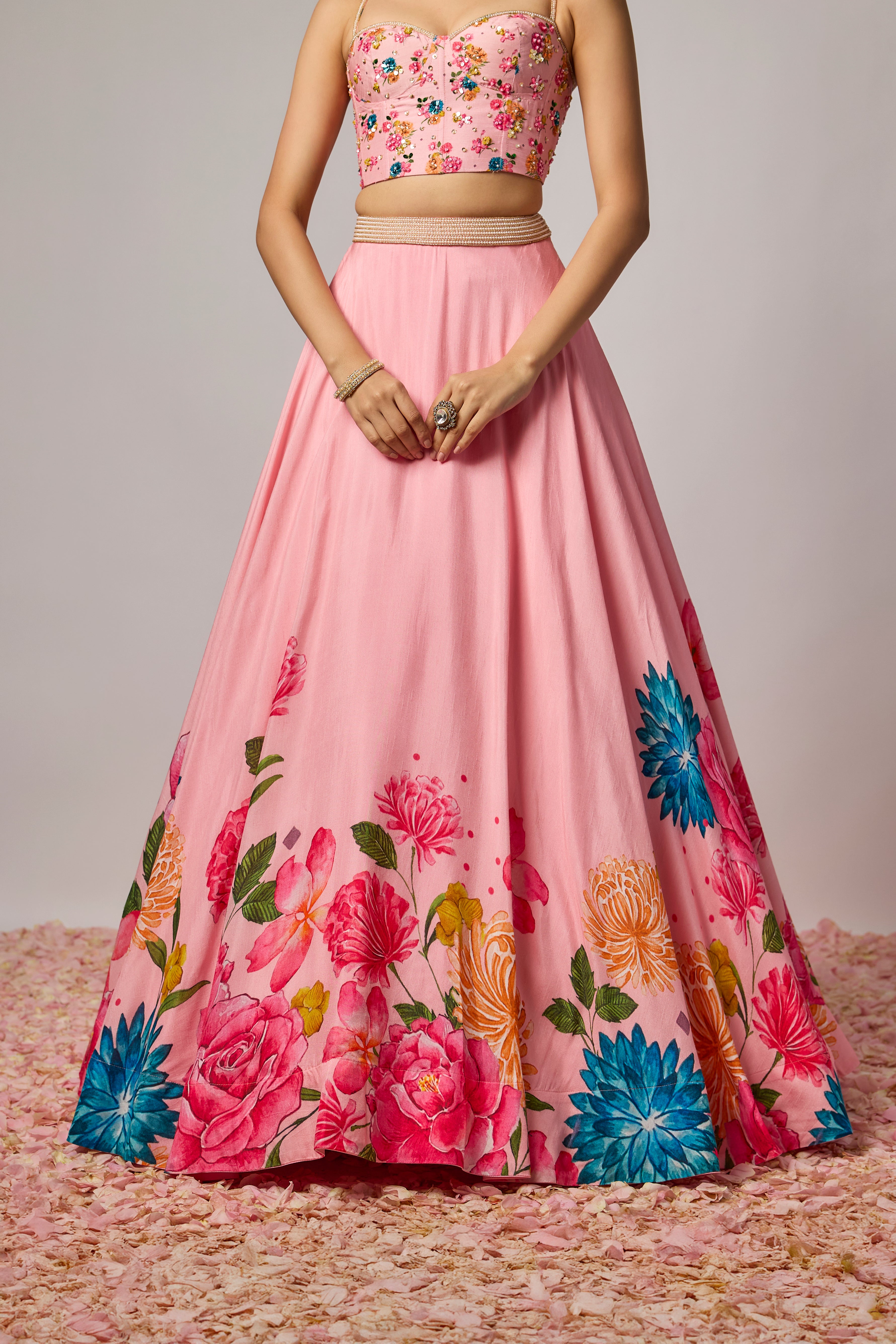 Blush Pink Dola Silk Floral Printed Lehenga Set