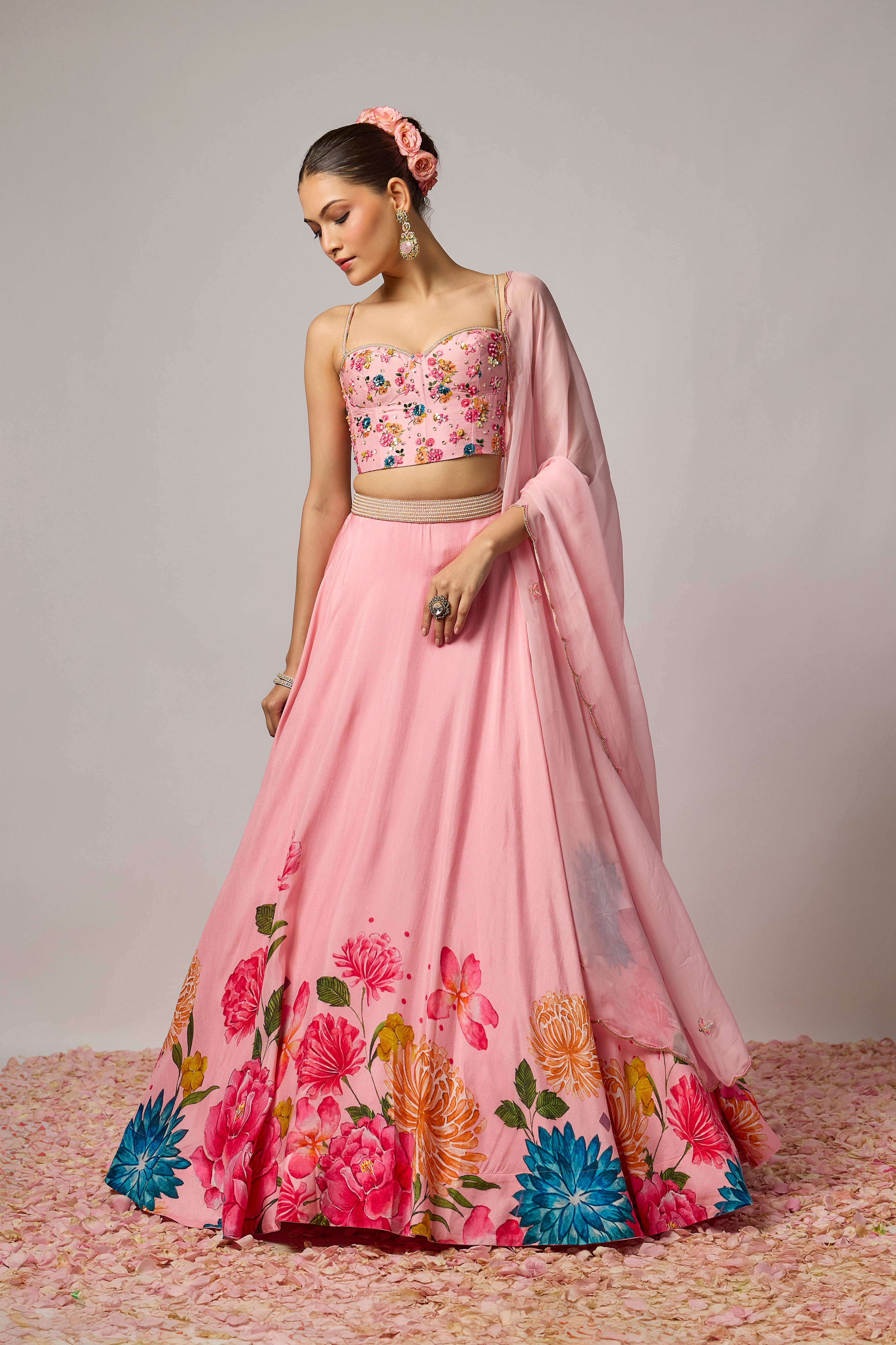 Blush Pink Dola Silk Floral Printed Lehenga Set