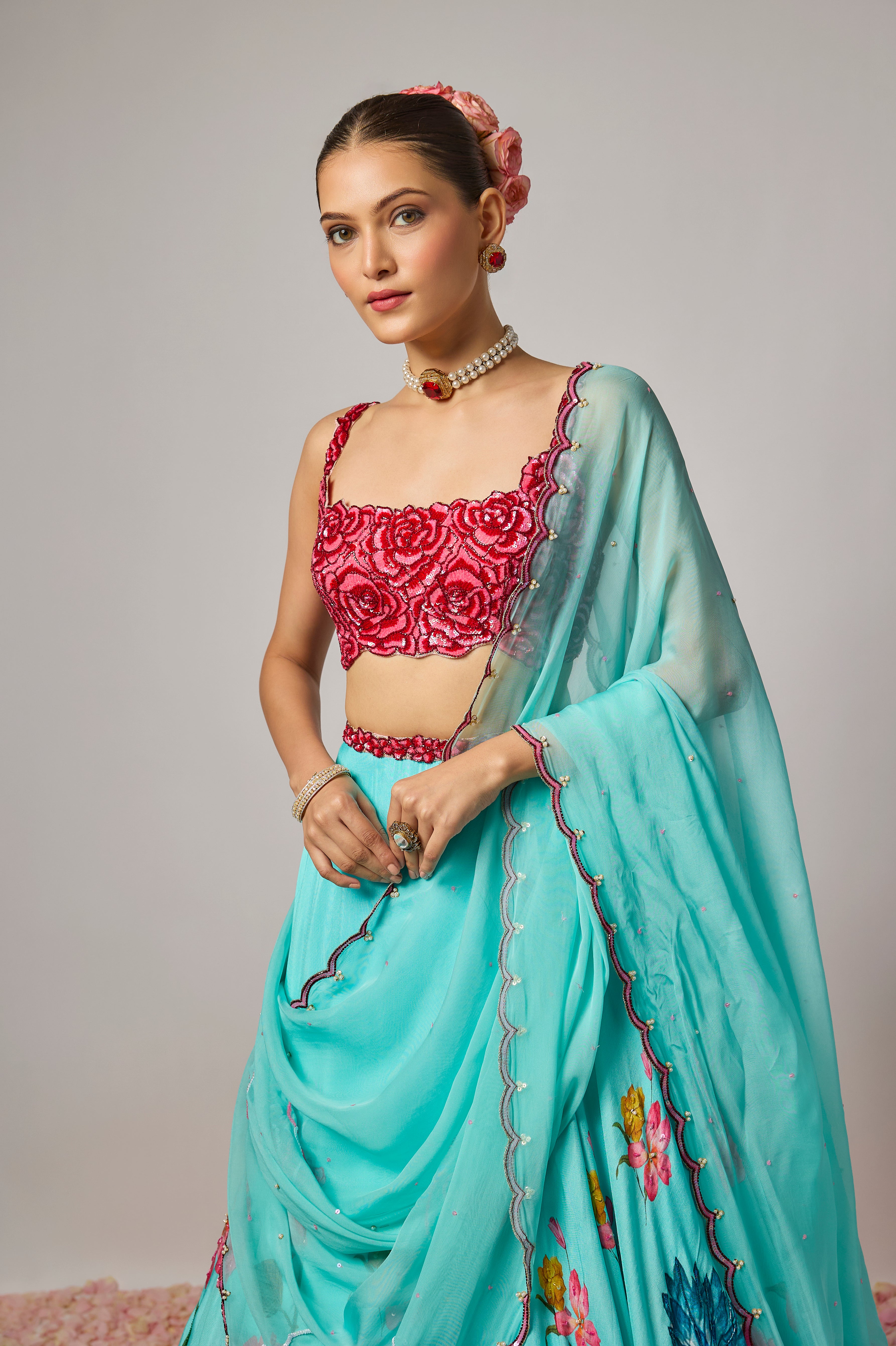Aqua Blue Dola Silk Embroidered Lehenga Set