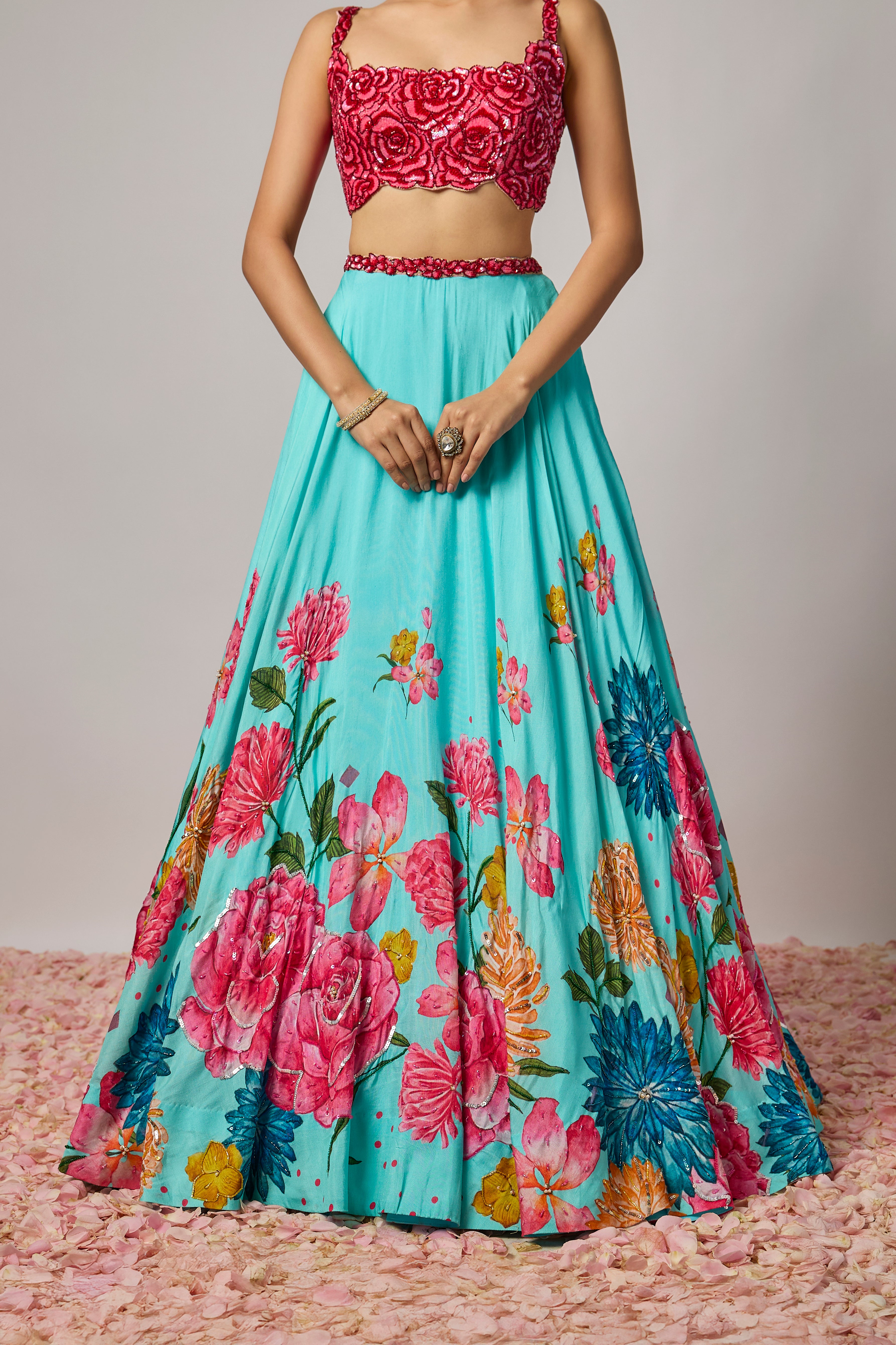 Aqua Blue Dola Silk Embroidered Lehenga Set