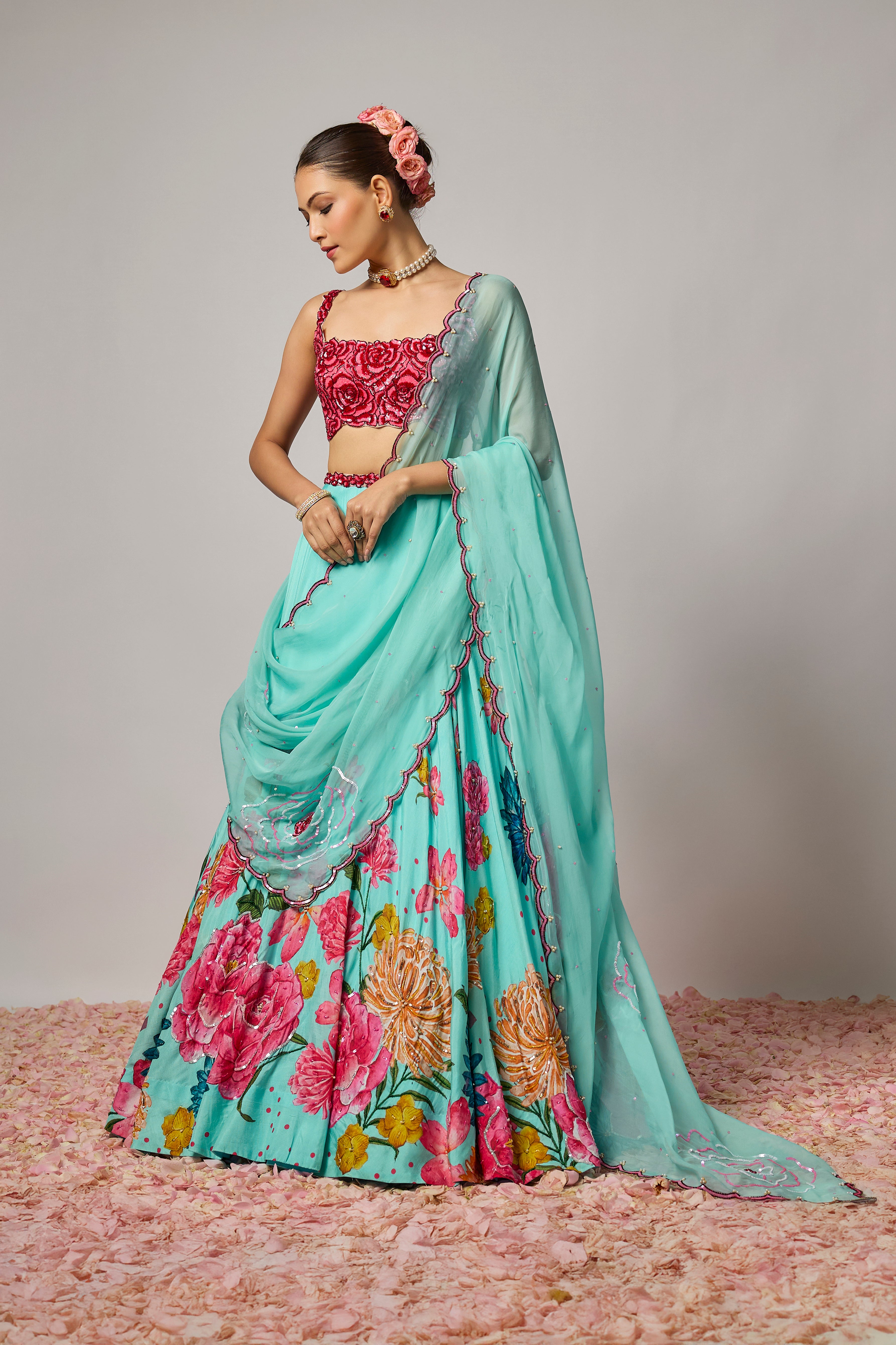 Aqua Blue Dola Silk Embroidered Lehenga Set