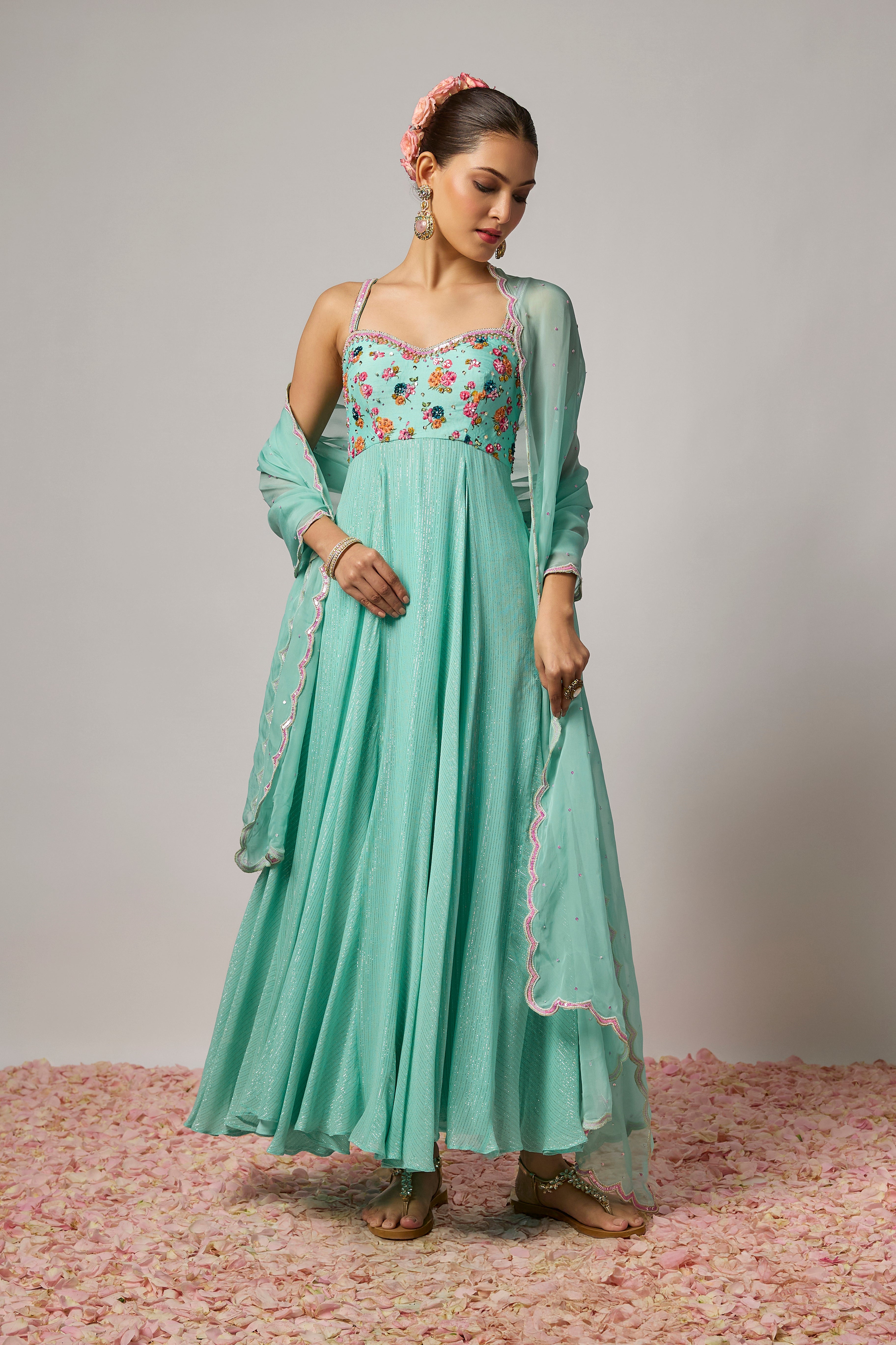 Aqua Blue Lurex Georgette Hand-Embroidered Anarkali Set