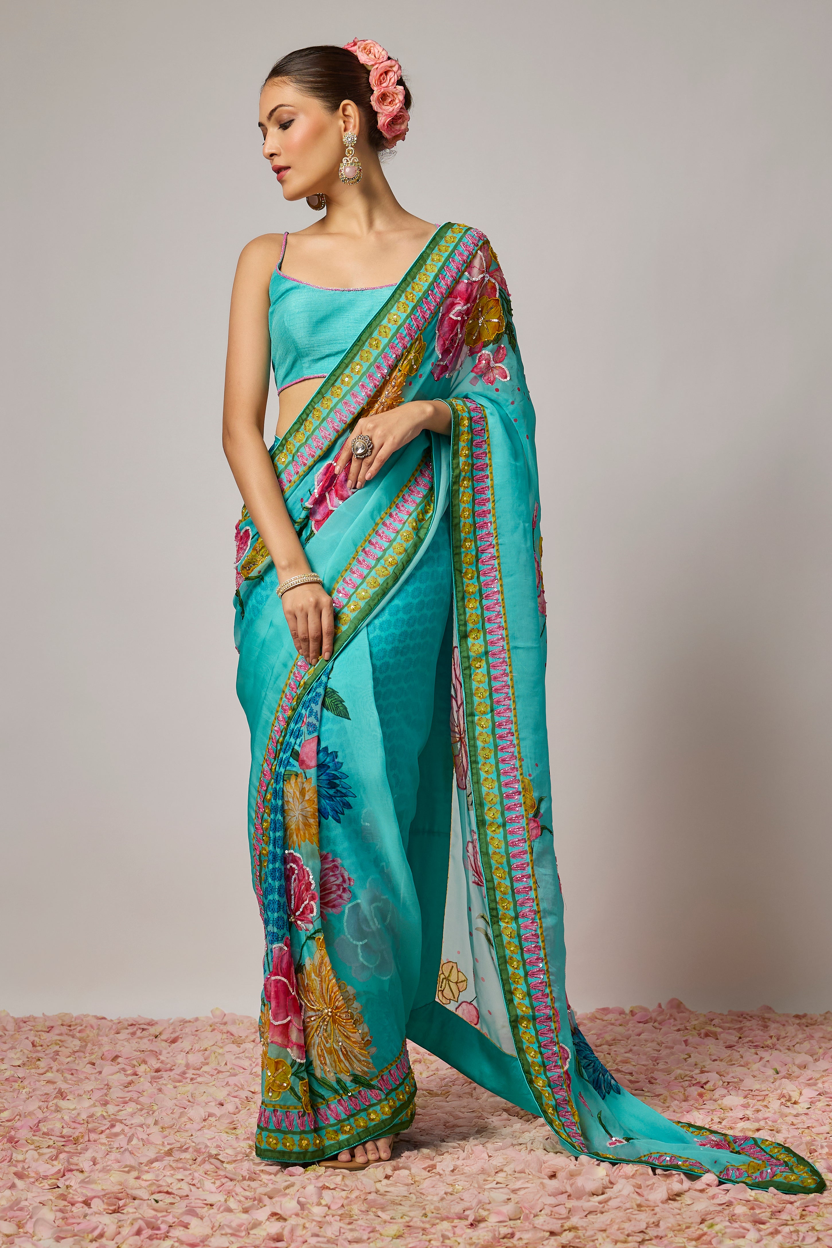 Aqua Blue Embroidered Organza Pre-Draped Saree