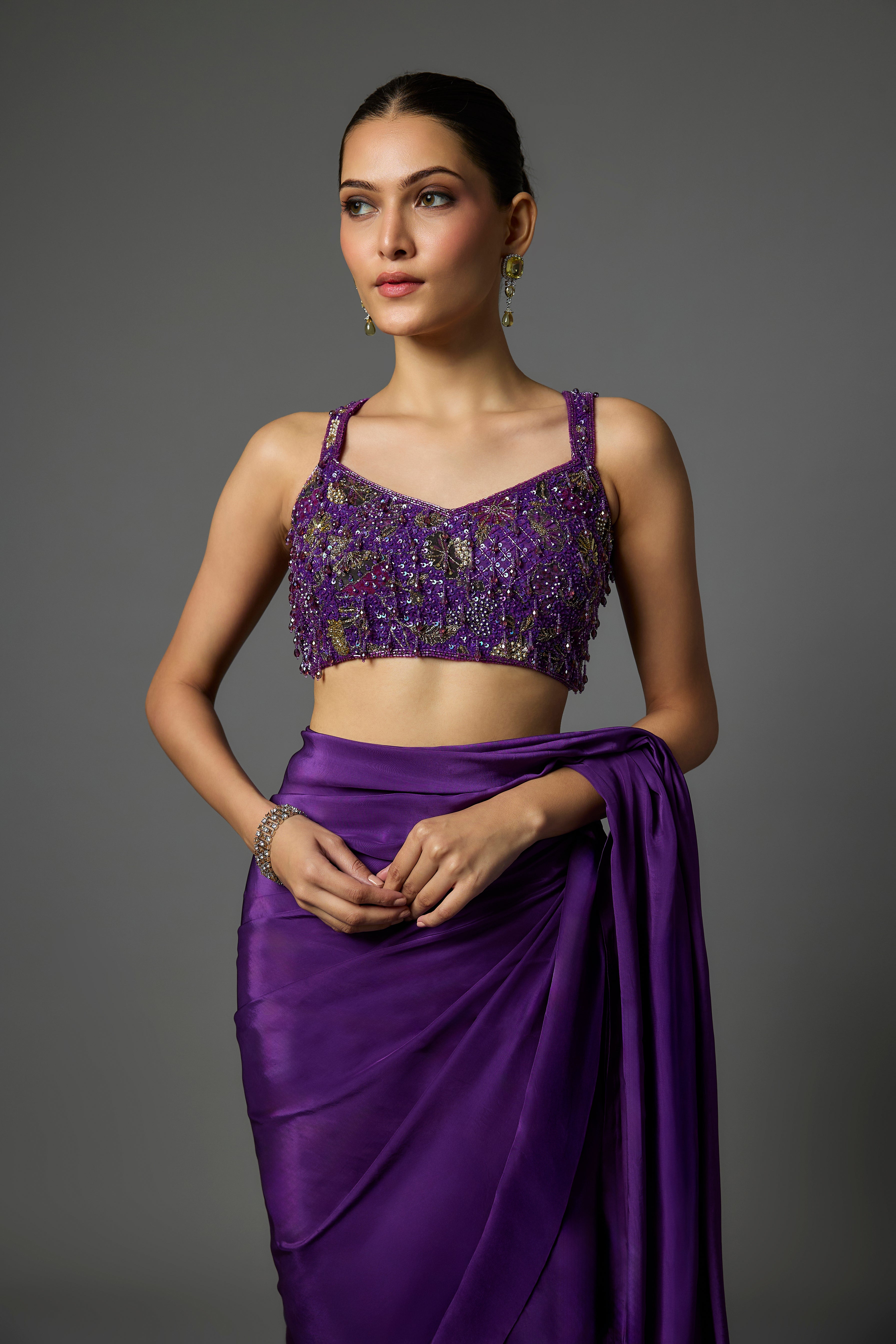 Violet Pre-Draped Crepe Saree