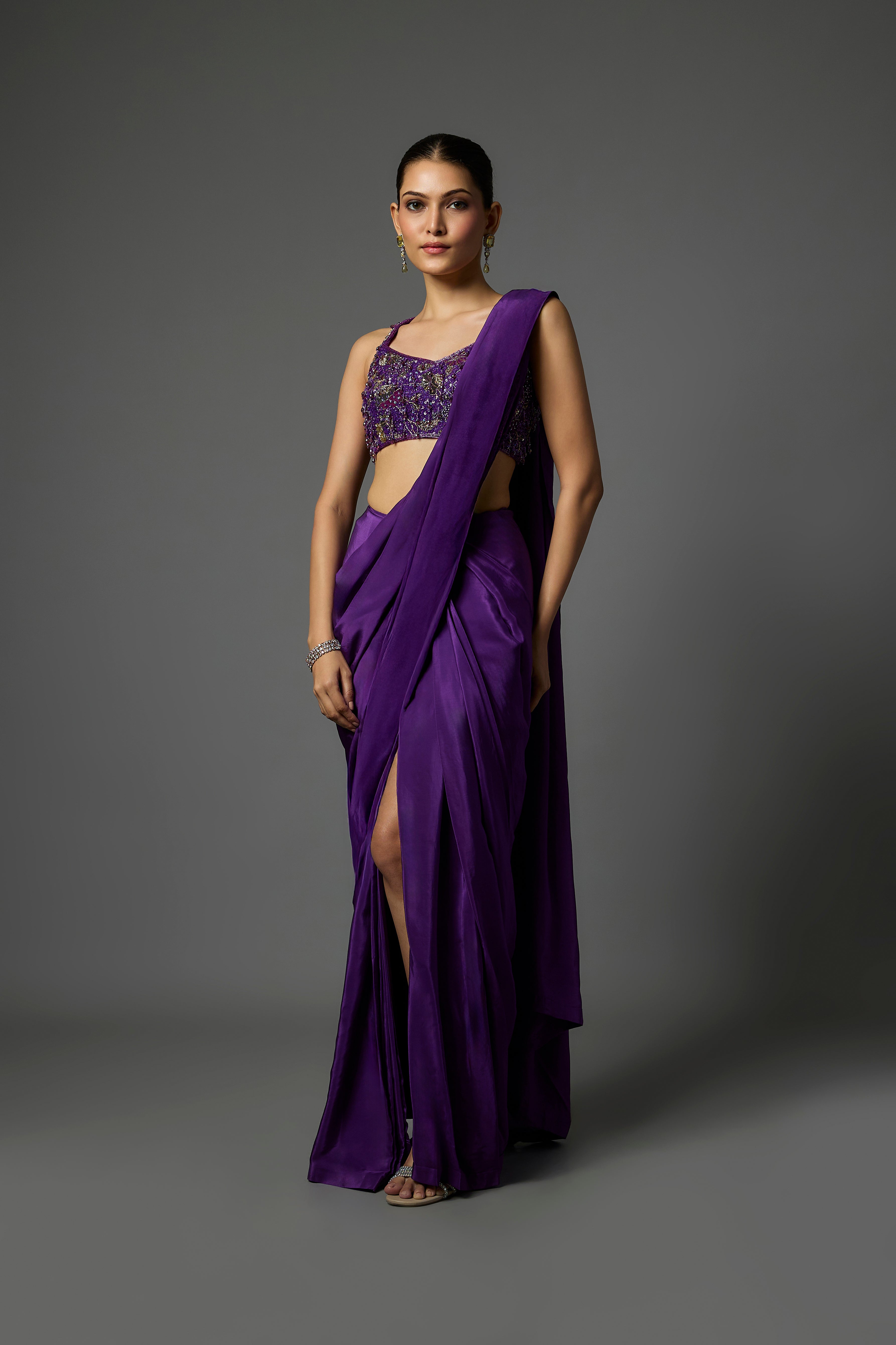 Violet Pre-Draped Crepe Saree