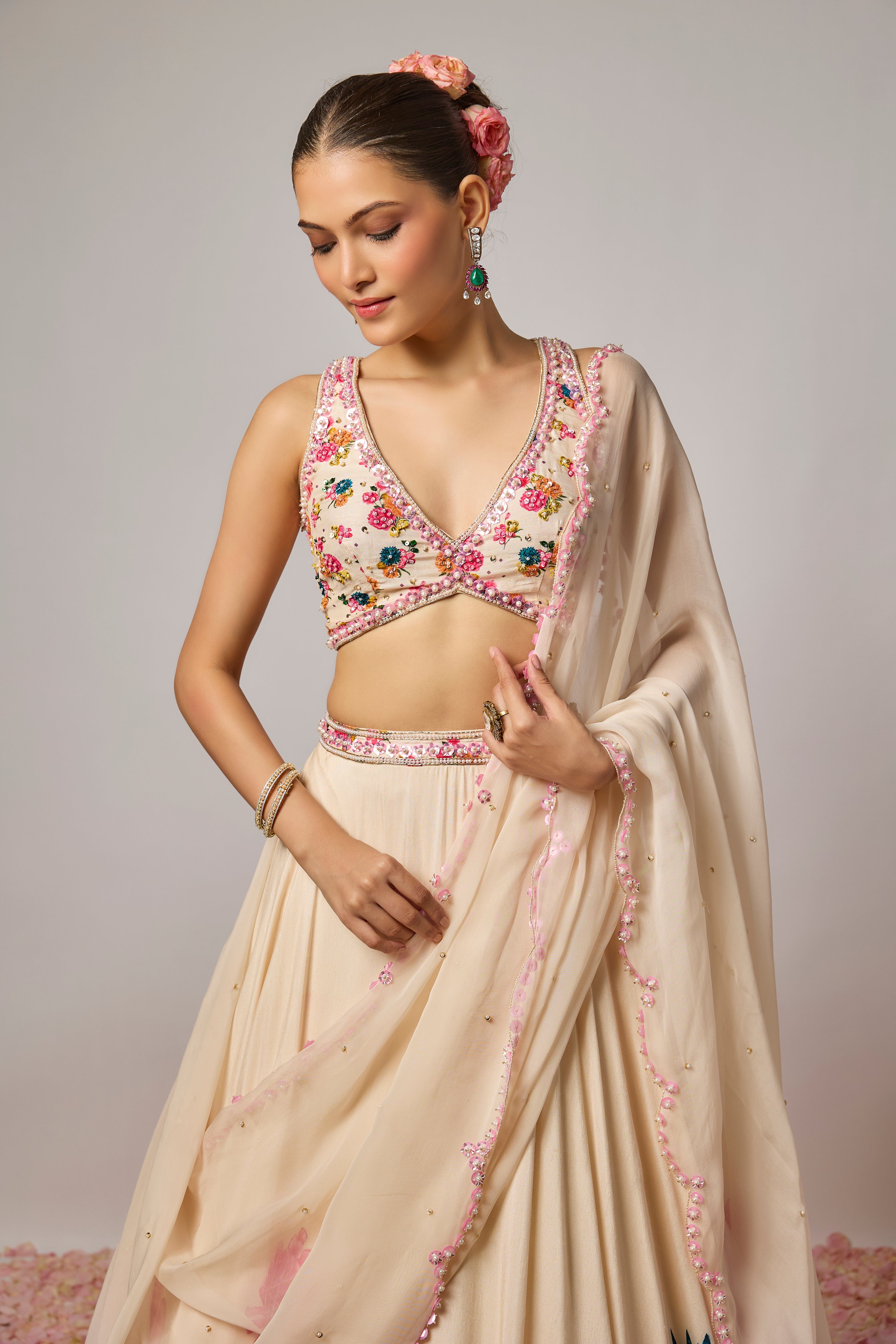 Ivory Dola Silk Floral Printed Lehenga Set