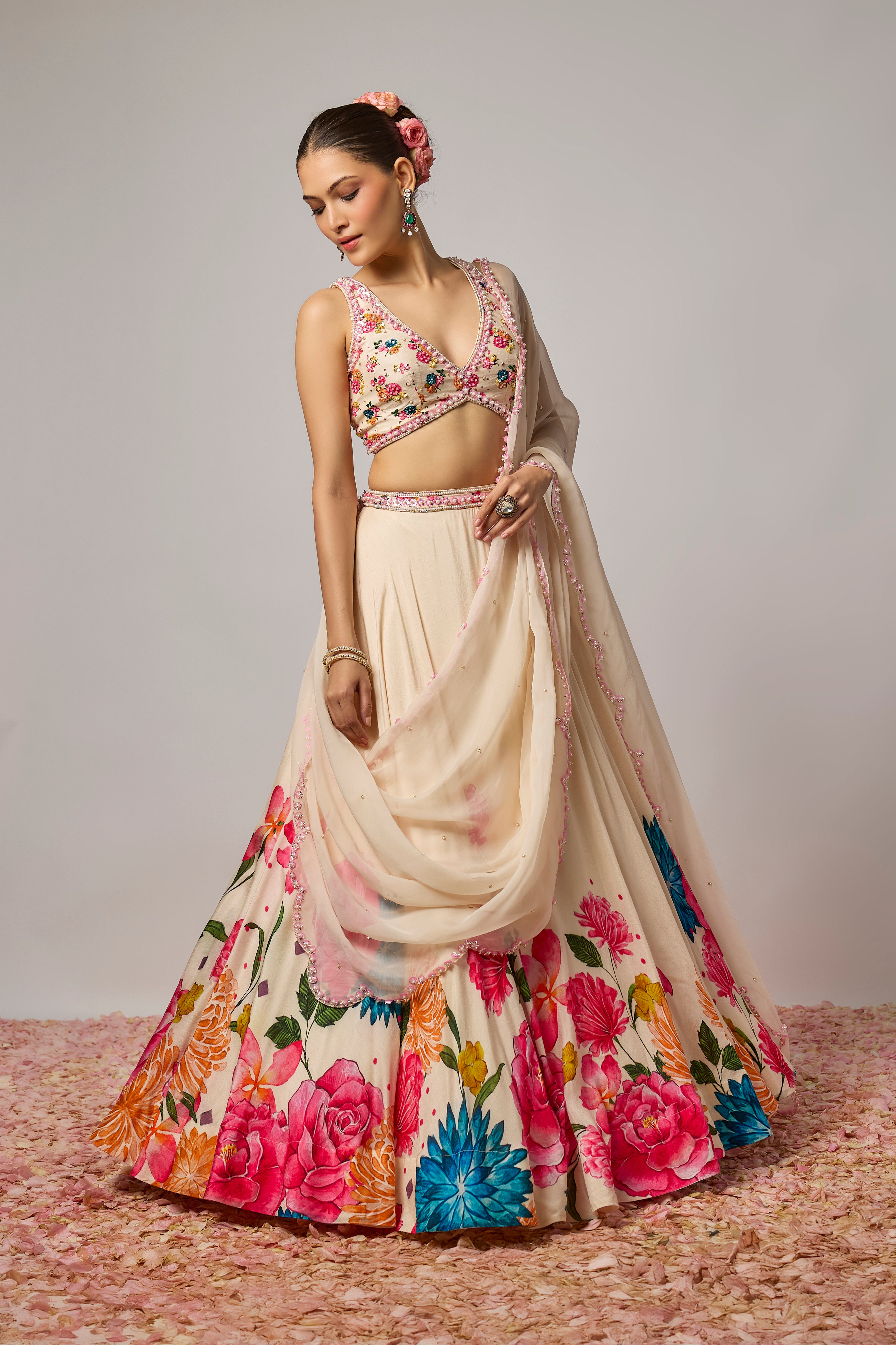 Ivory Dola Silk Floral Printed Lehenga Set