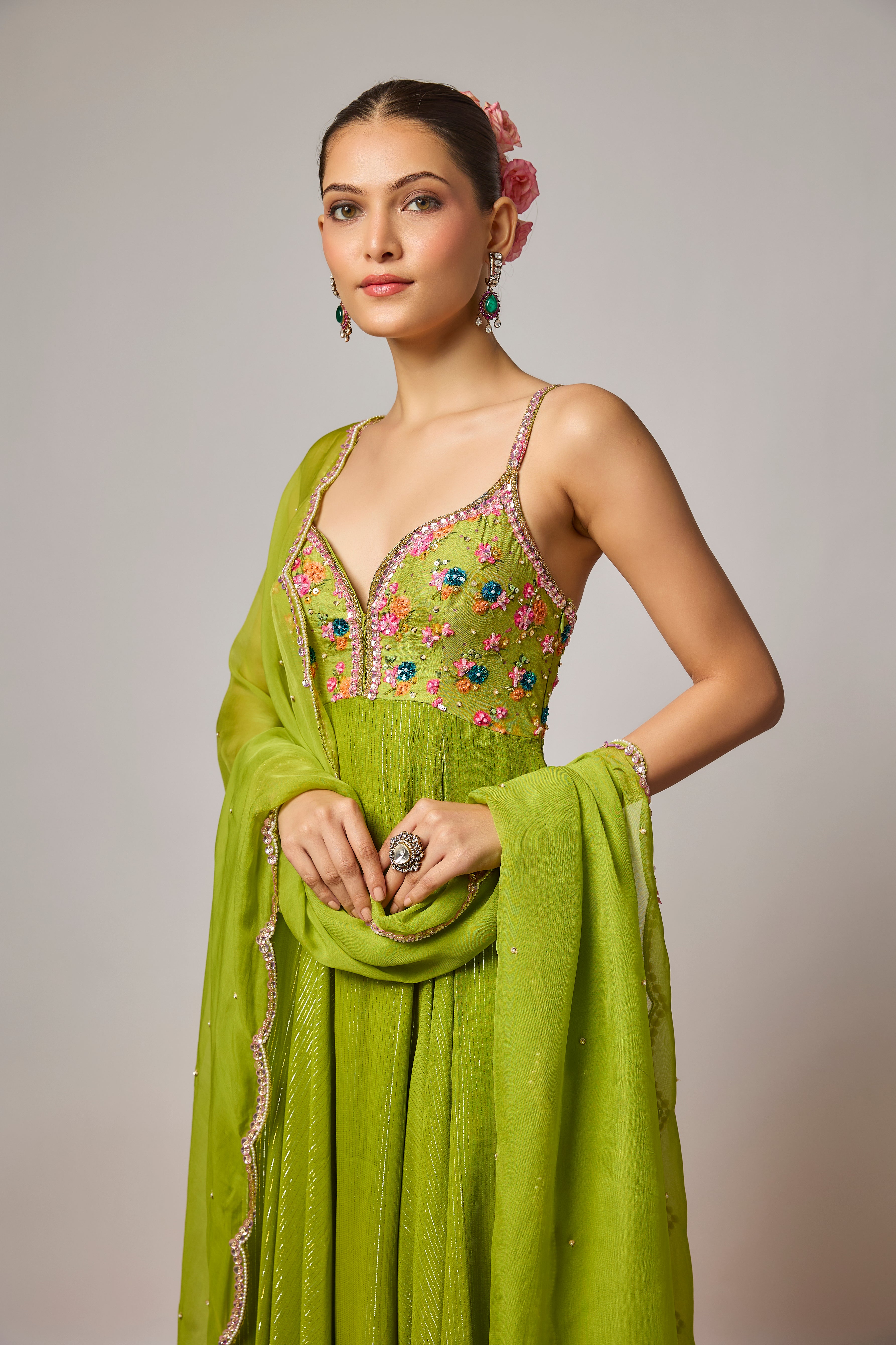 Mehendi Green Lurex Georgette Embroidered Anarkali Set