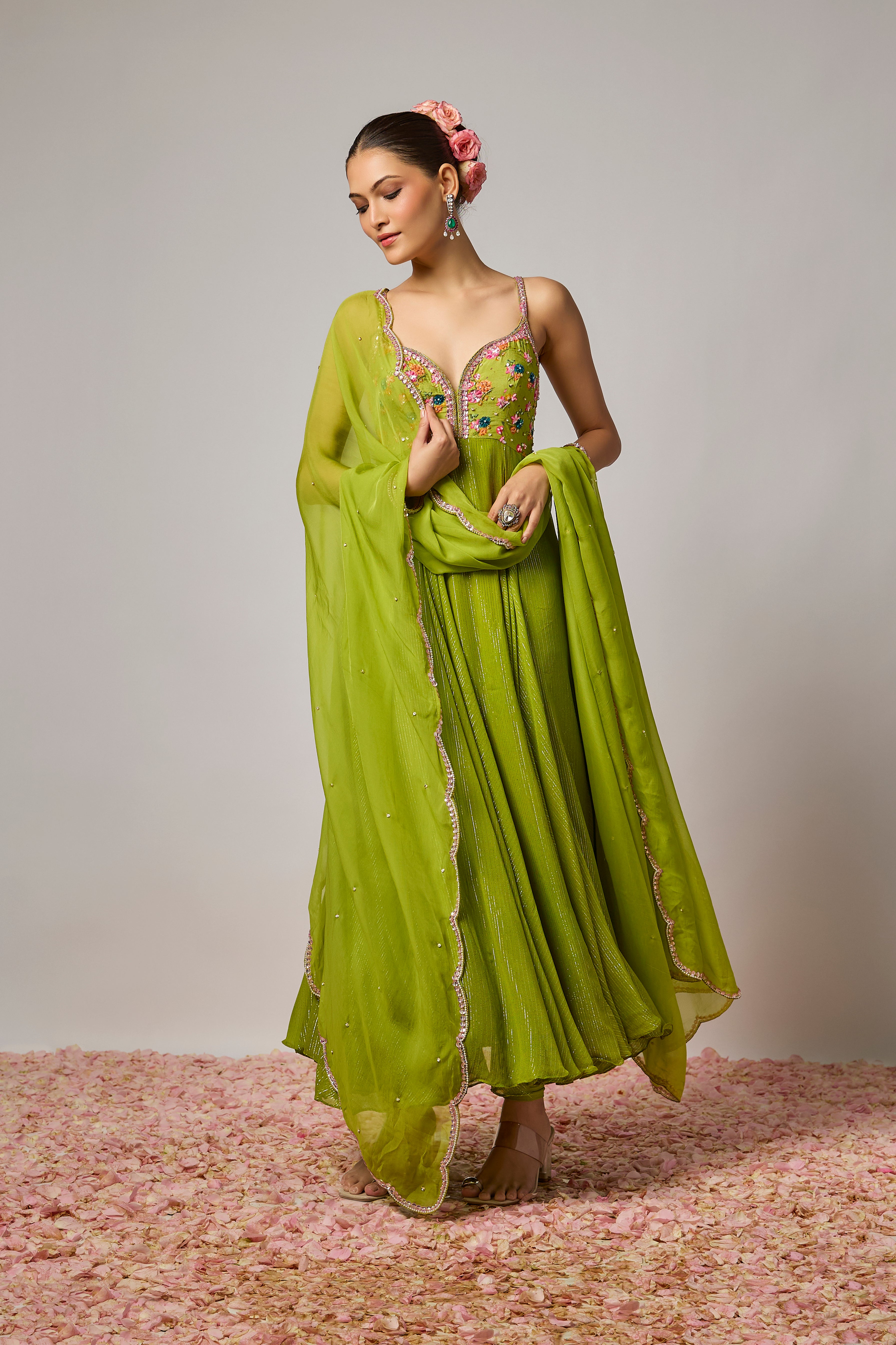 Mehendi Green Lurex Georgette Embroidered Anarkali Set