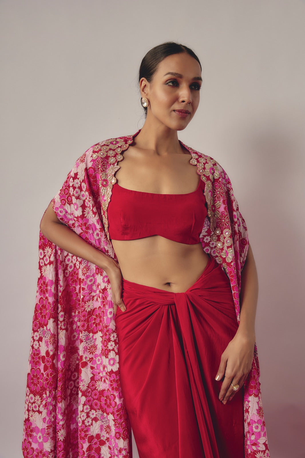 RED AND PINK EMBROIDERED SKIRT CAPE SET