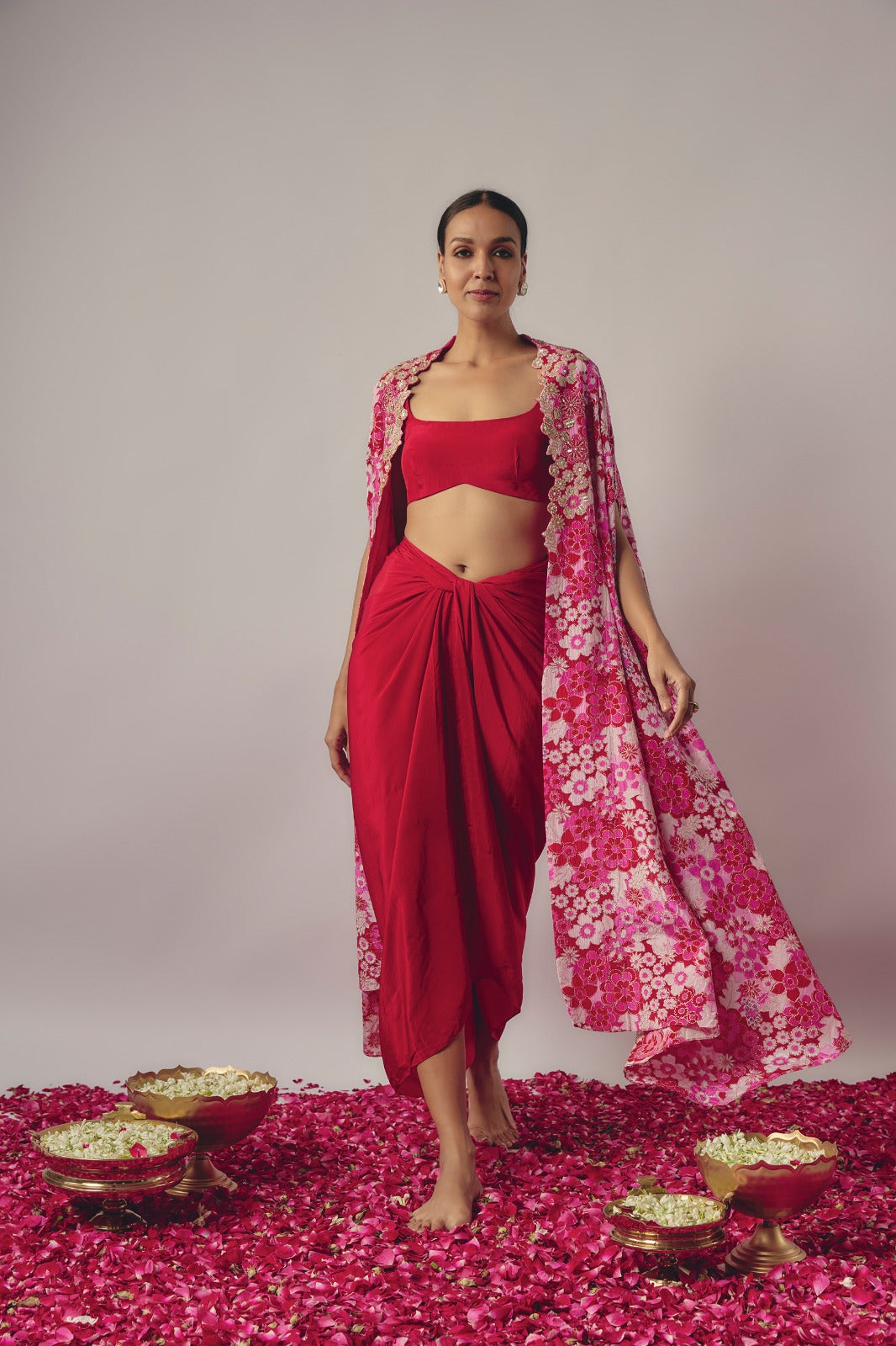RED AND PINK EMBROIDERED SKIRT CAPE SET