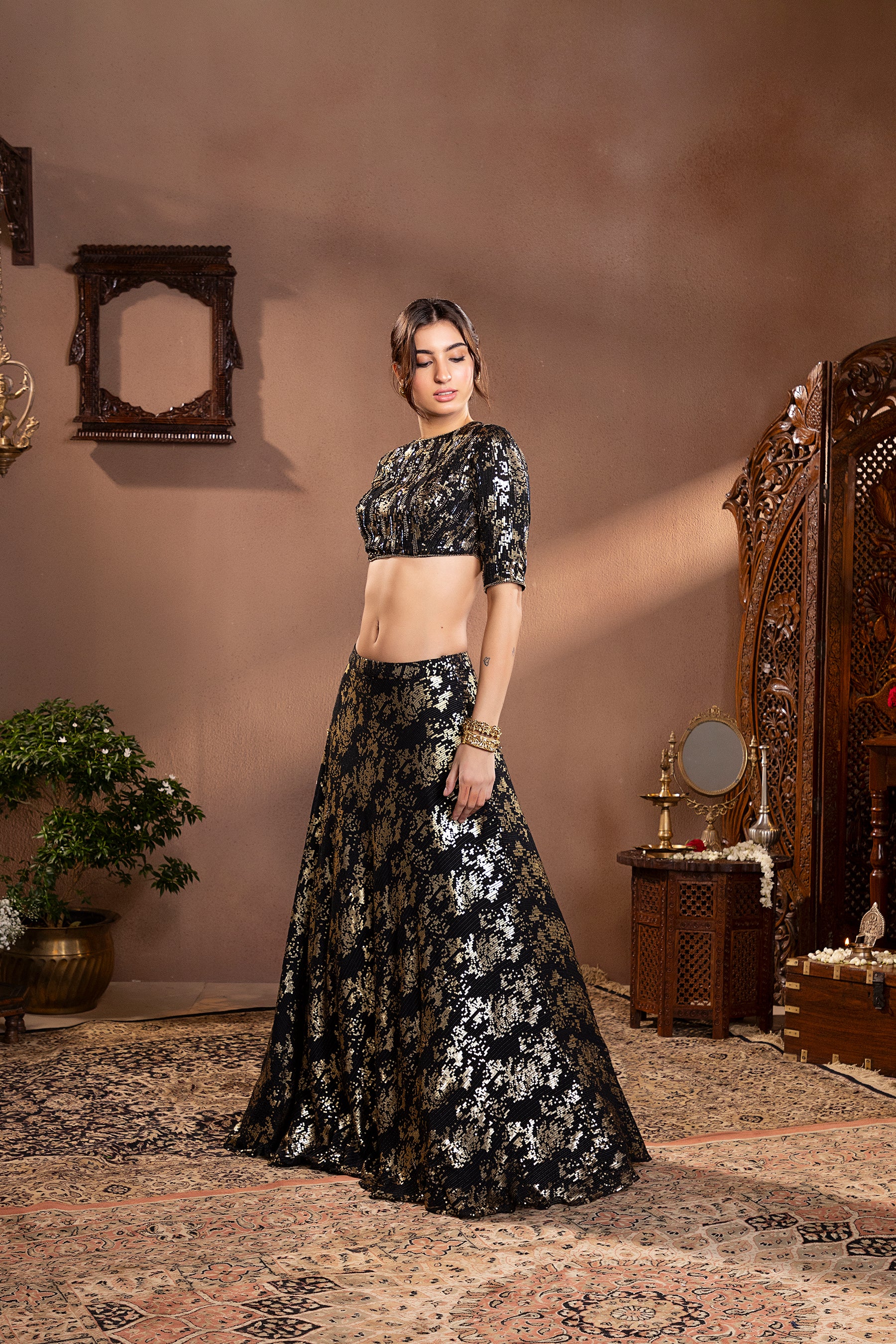 Black Georgette Sequins Embroidered Lehenga
