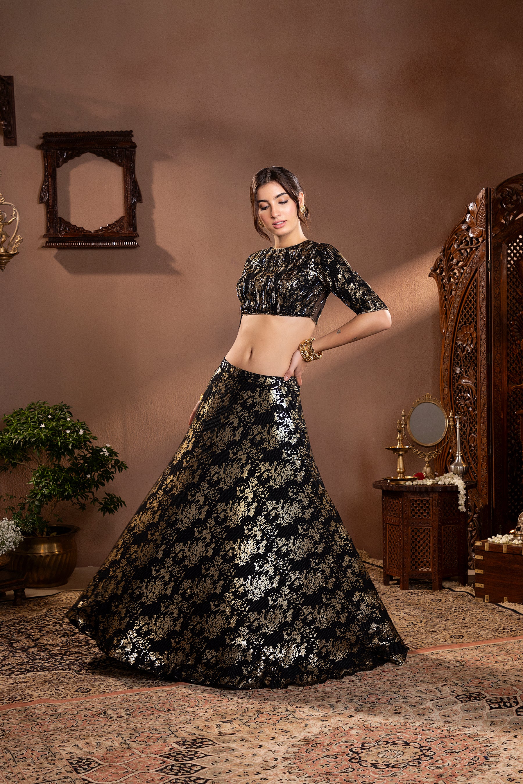 Black Georgette Sequins Embroidered Lehenga