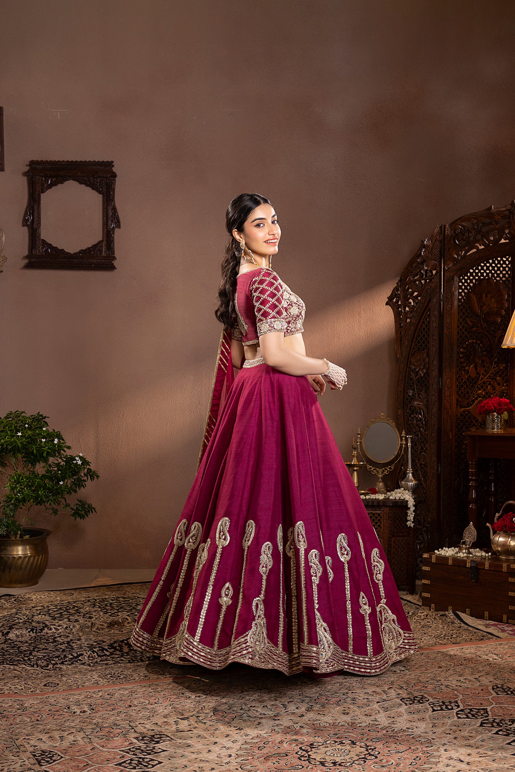Wine Munga Silk Embroidered Lehenga