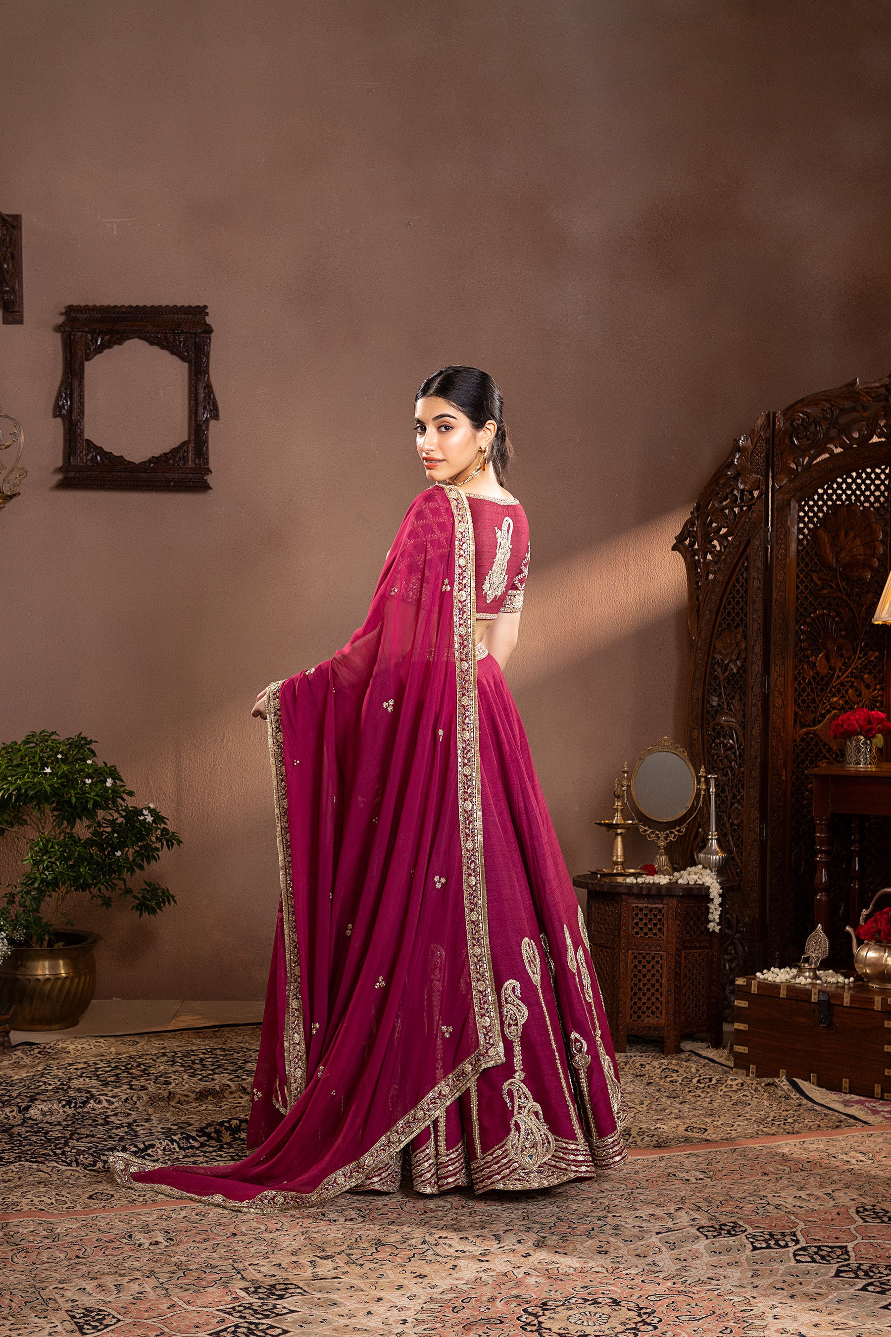 Wine Munga Silk Embroidered Lehenga