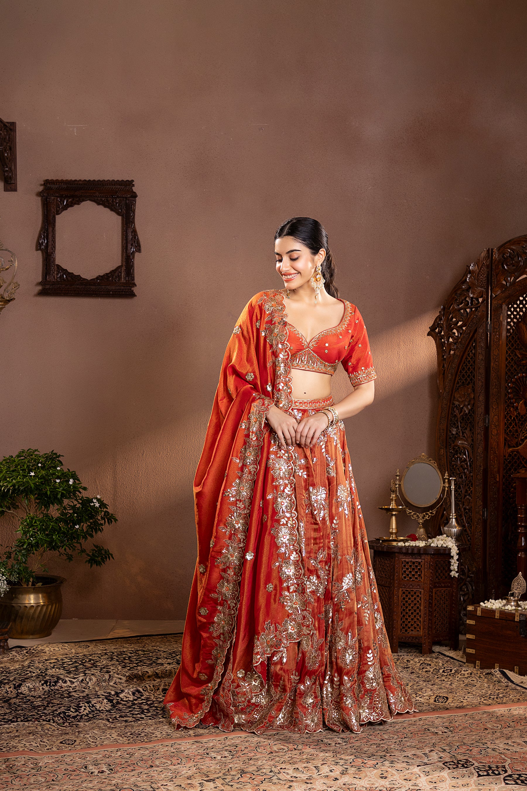 rust gold tissue Embroidered lehenga