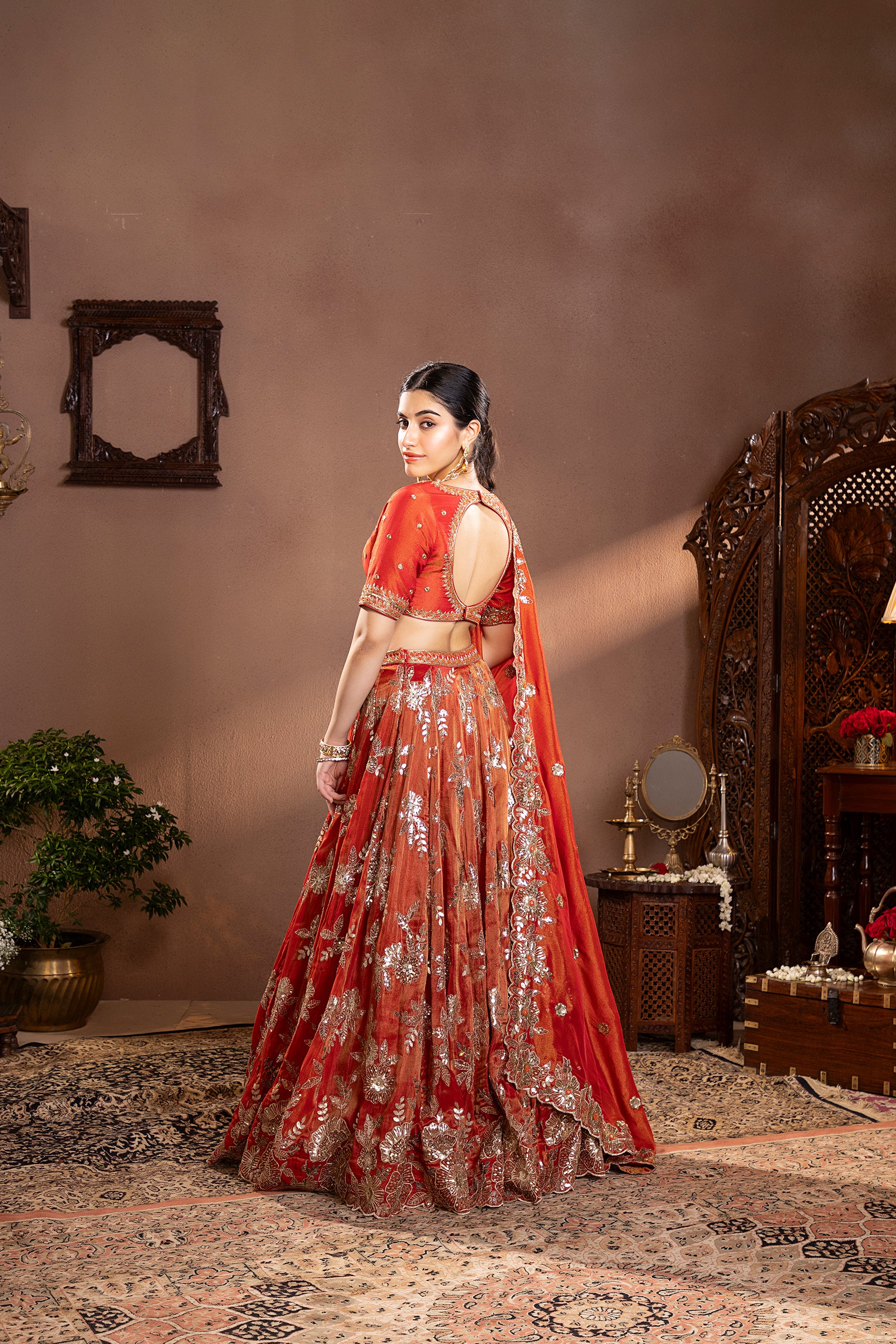 rust gold tissue Embroidered lehenga