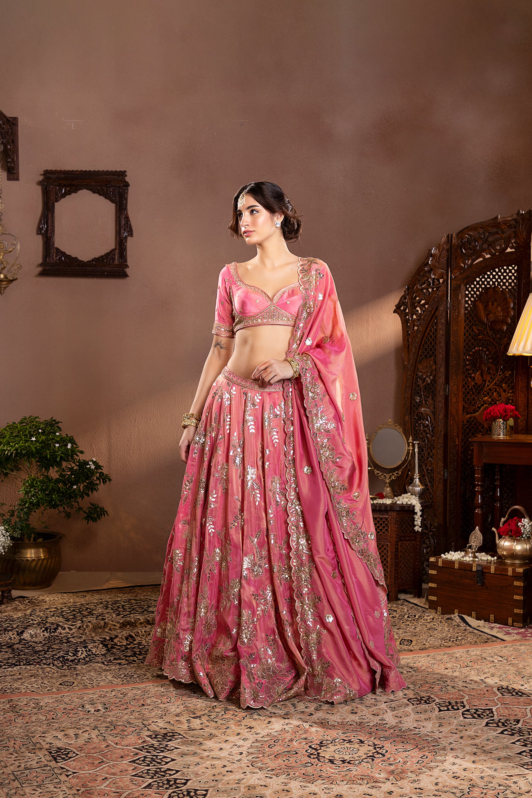 pink gold tissue Embroidered lehenga