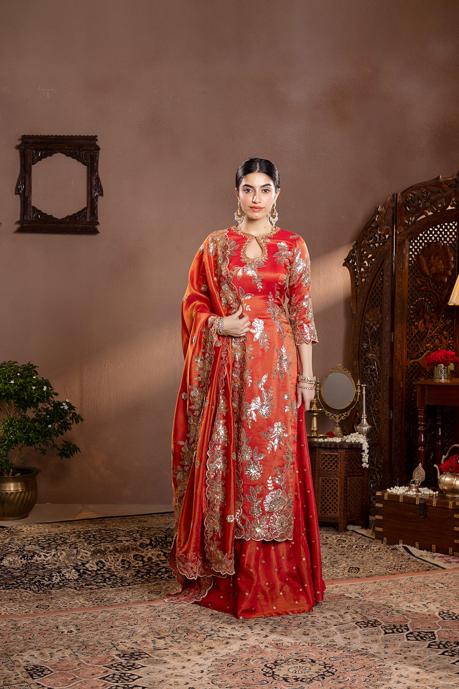 Rust Tissue Embroidered Kurta Set