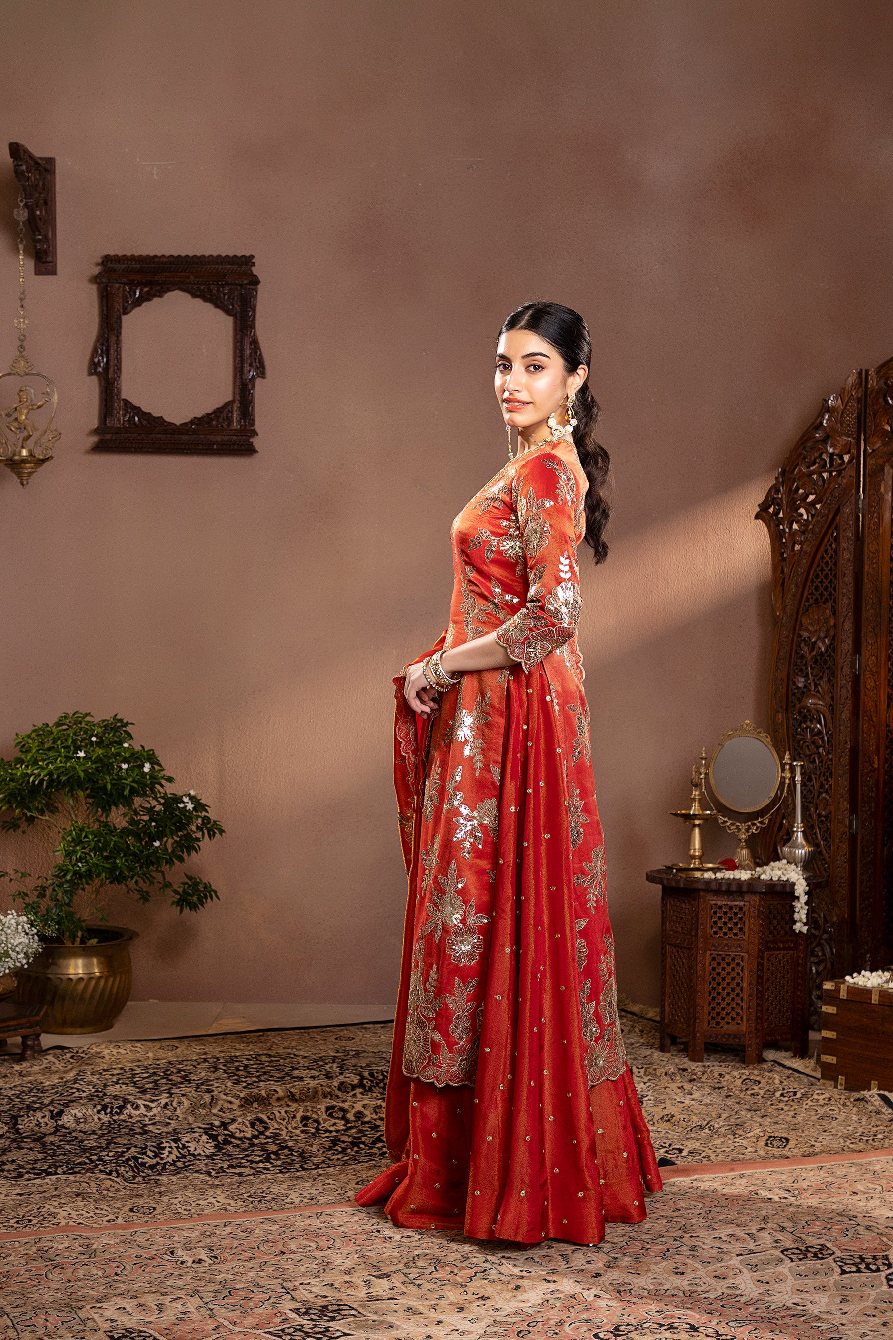 Rust Tissue Embroidered Kurta Set
