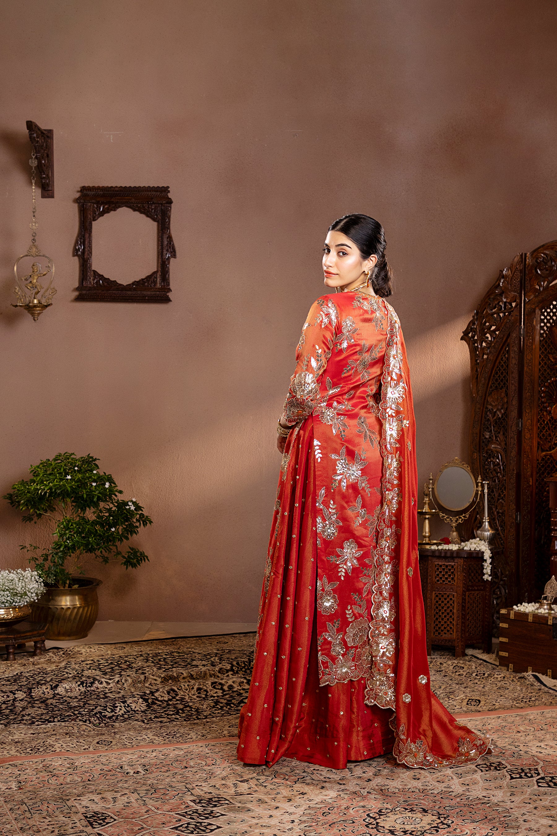 Rust Tissue Embroidered Kurta Set