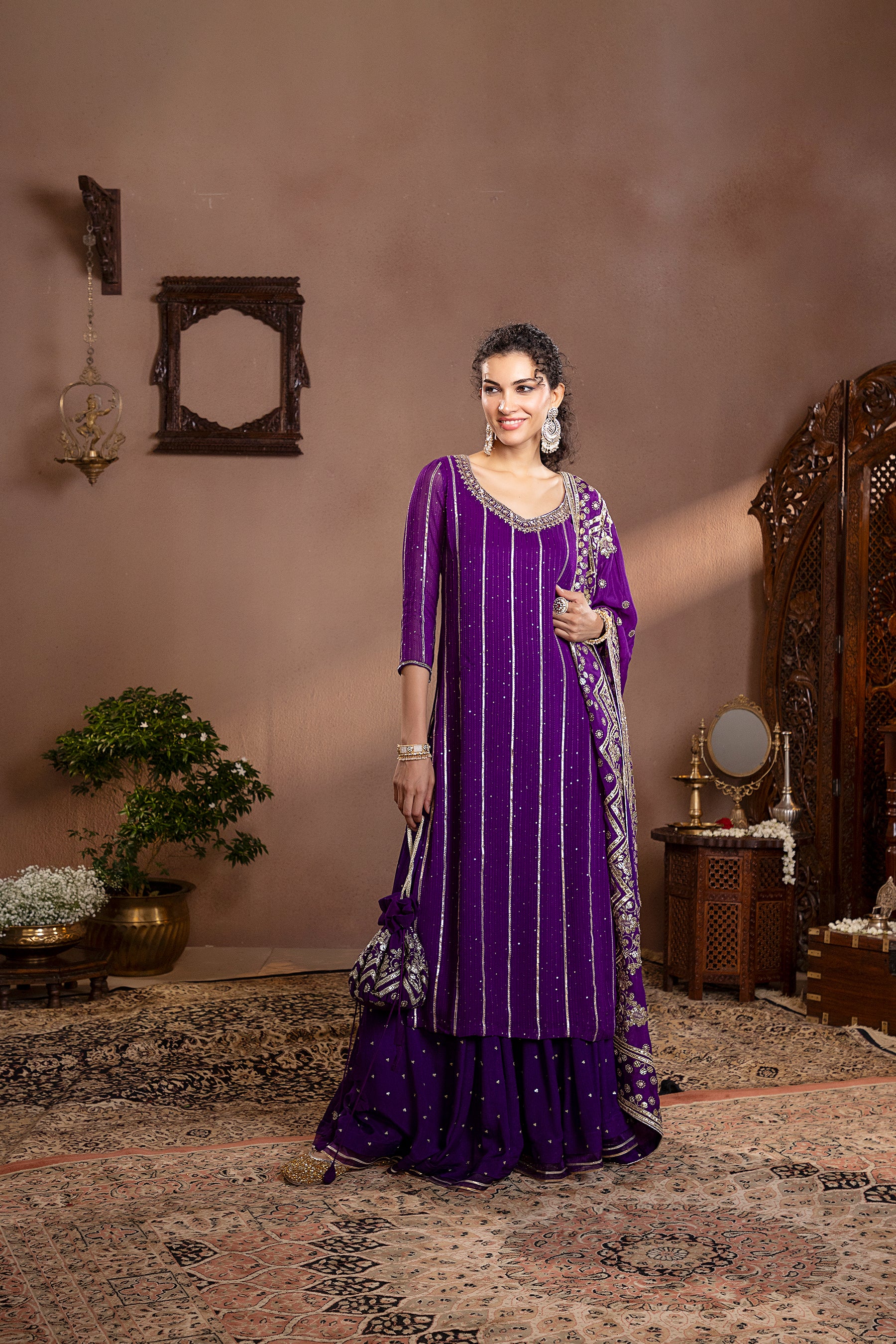 Purple Georgette Embroiderd Kurta Set
