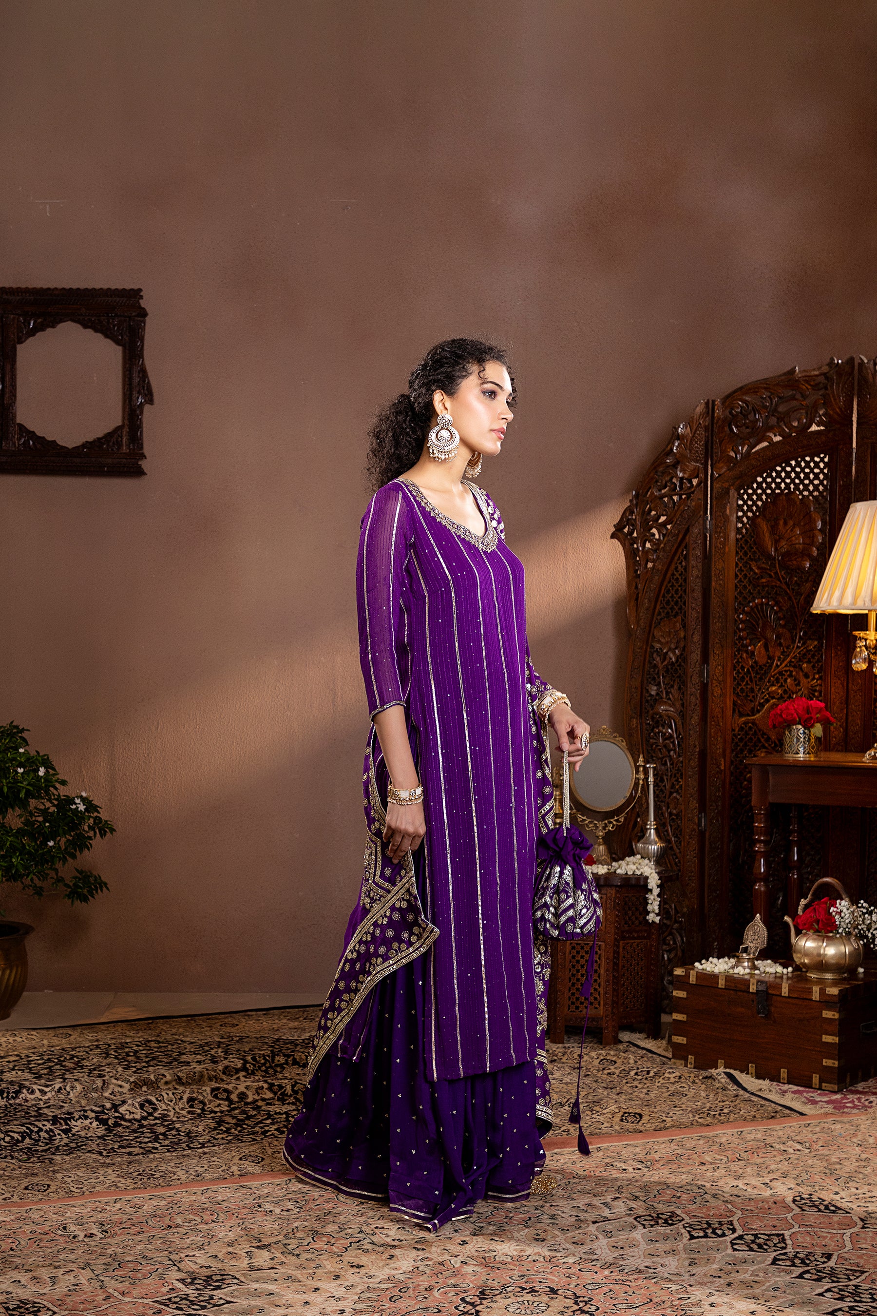 Purple Georgette Embroiderd Kurta Set
