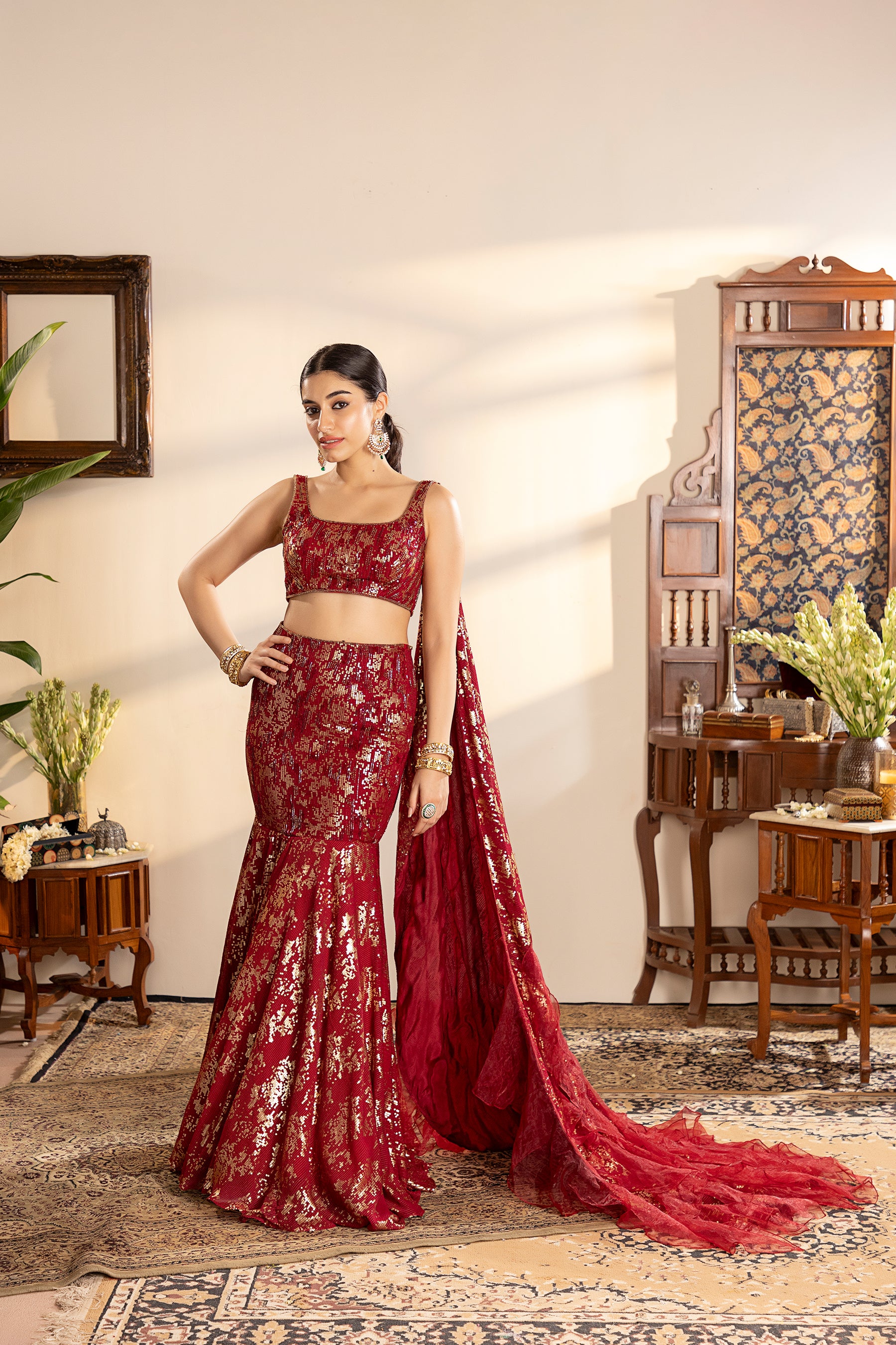 Maroon Georgette Sequins Embroidered lehenga