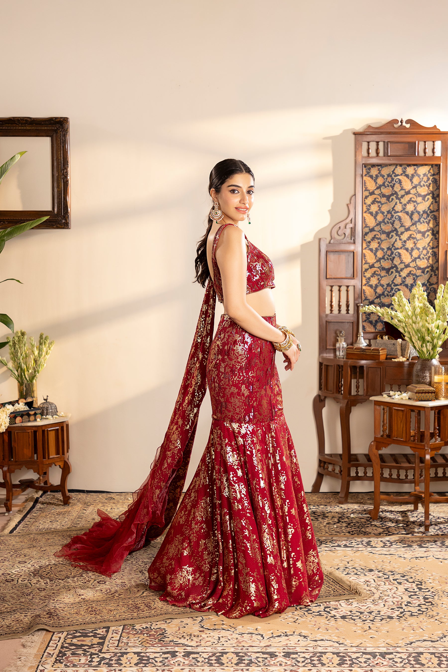 Maroon Georgette Sequins Embroidered lehenga