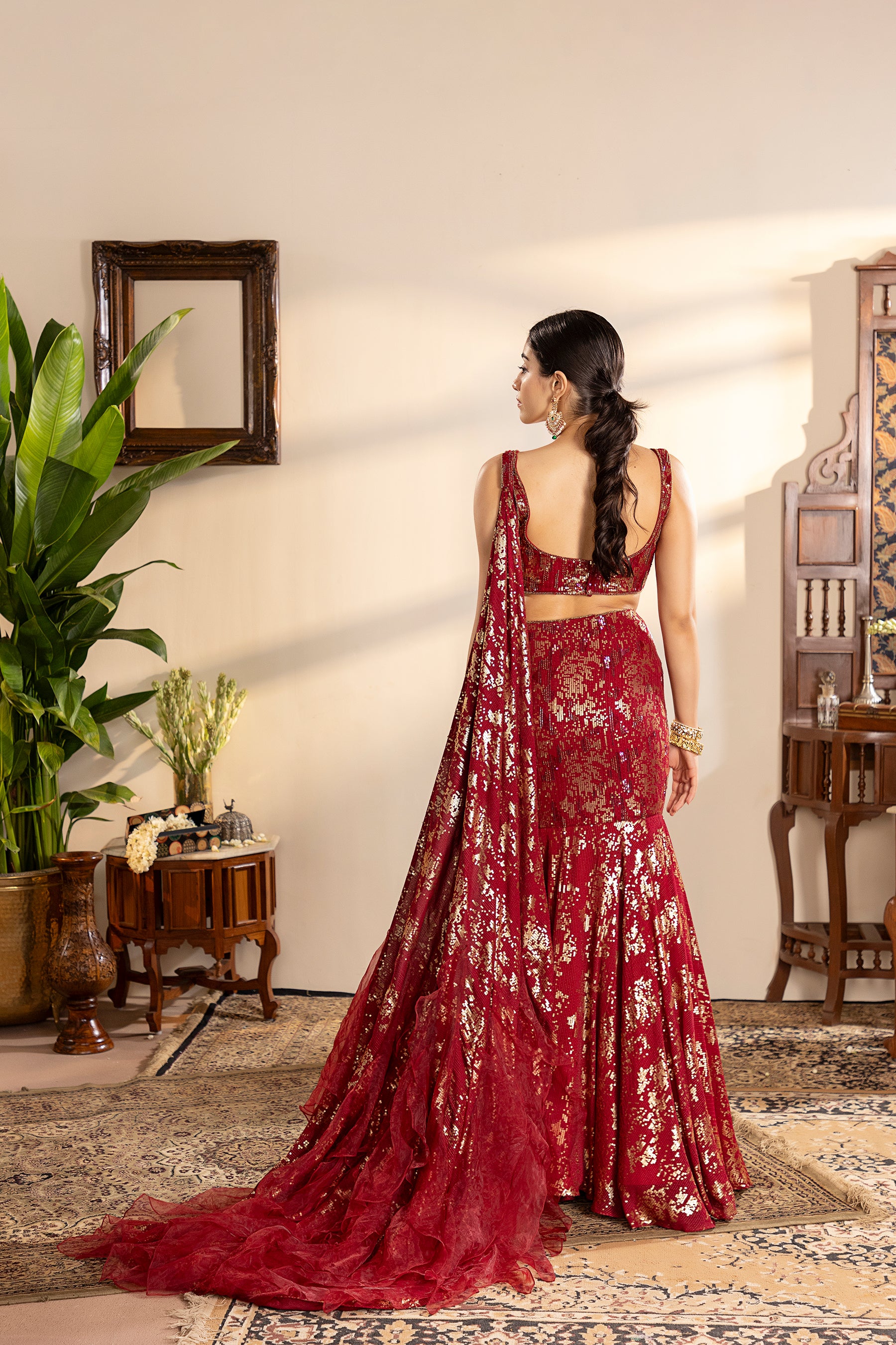 Maroon Georgette Sequins Embroidered lehenga