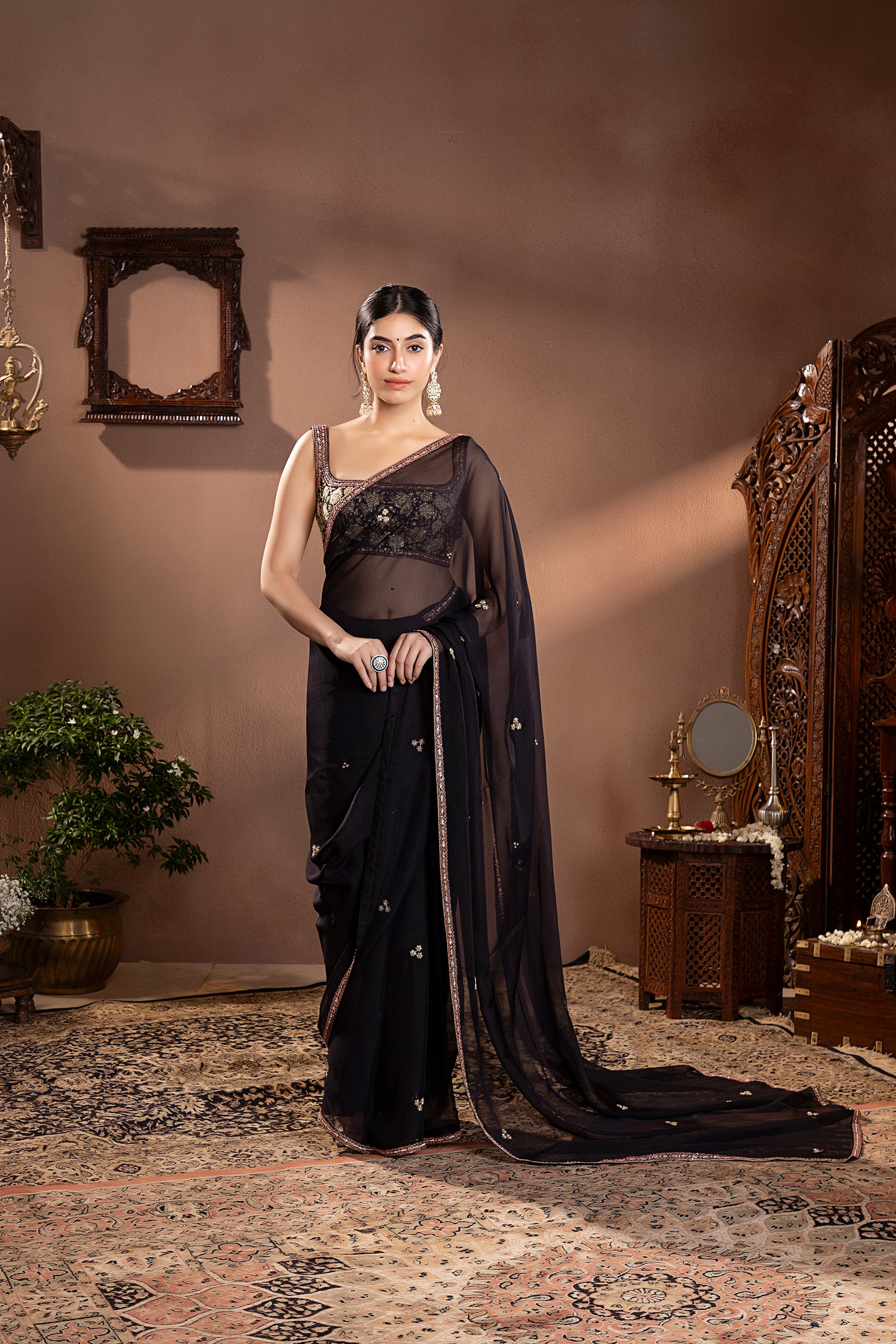 Black Organza Embroidered Saree