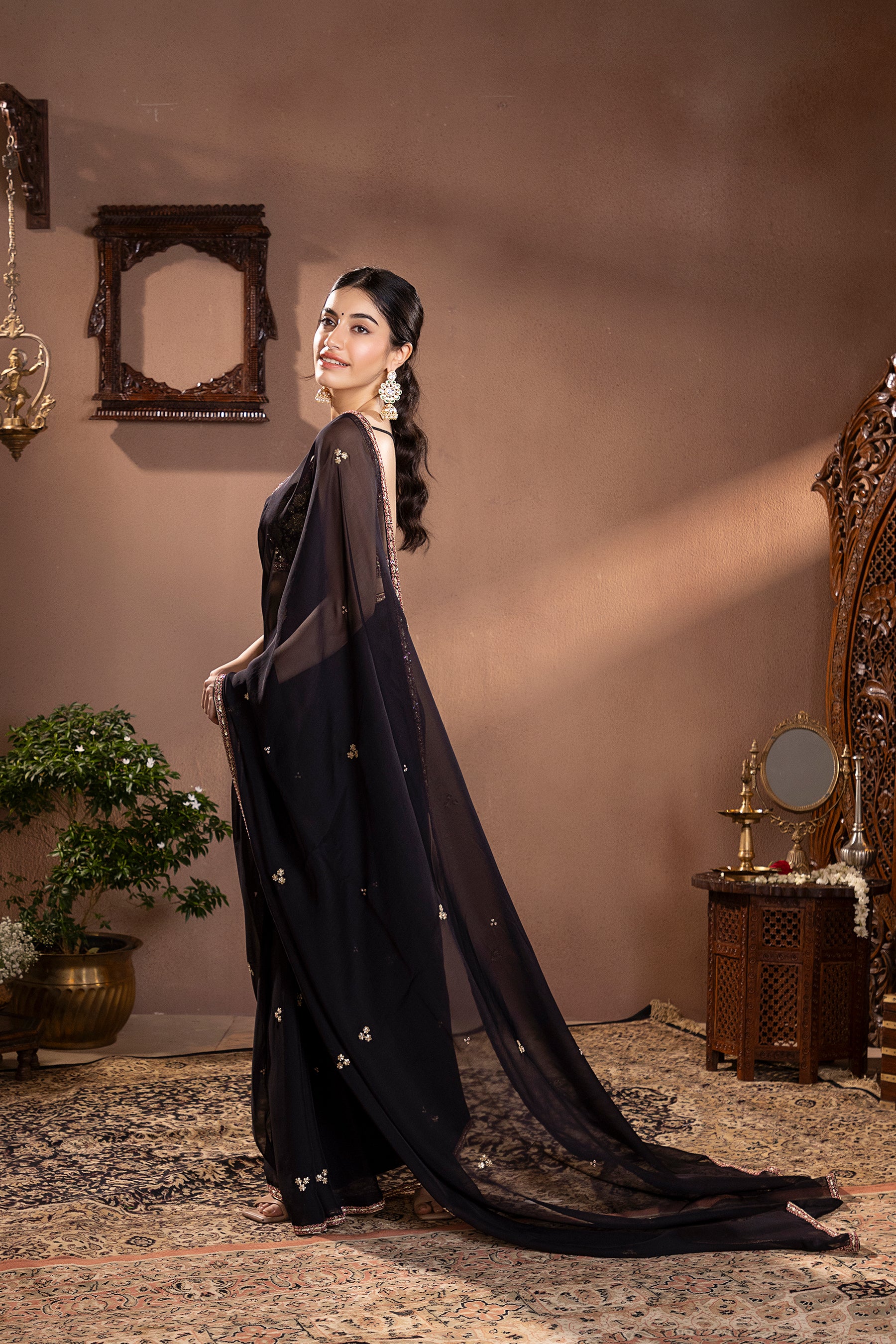 Black Organza Embroidered Saree