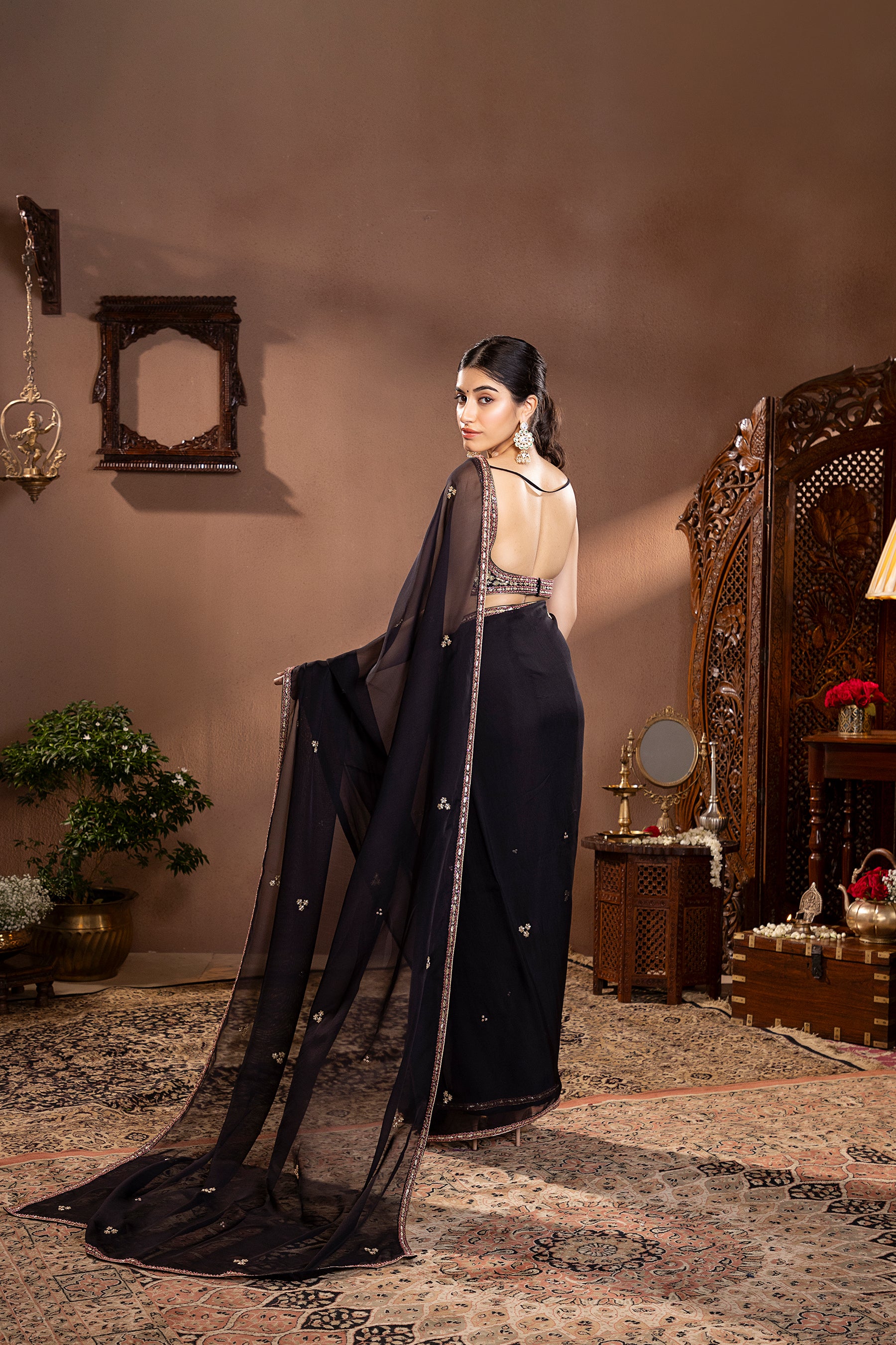 Black Organza Embroidered Saree