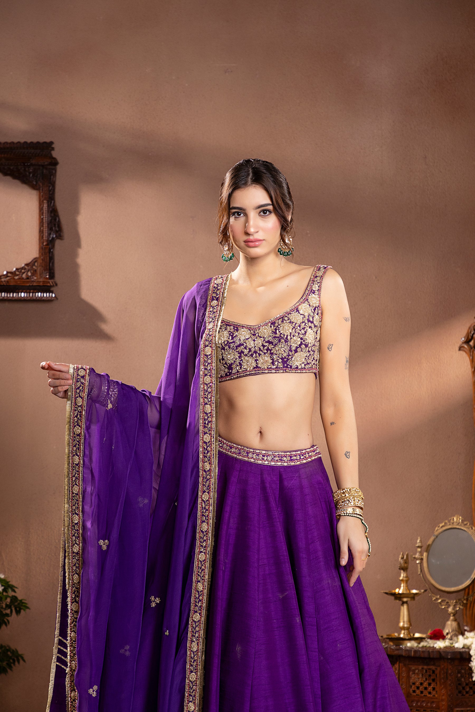 Purple Munga Silk Embroidered Lehenga Set