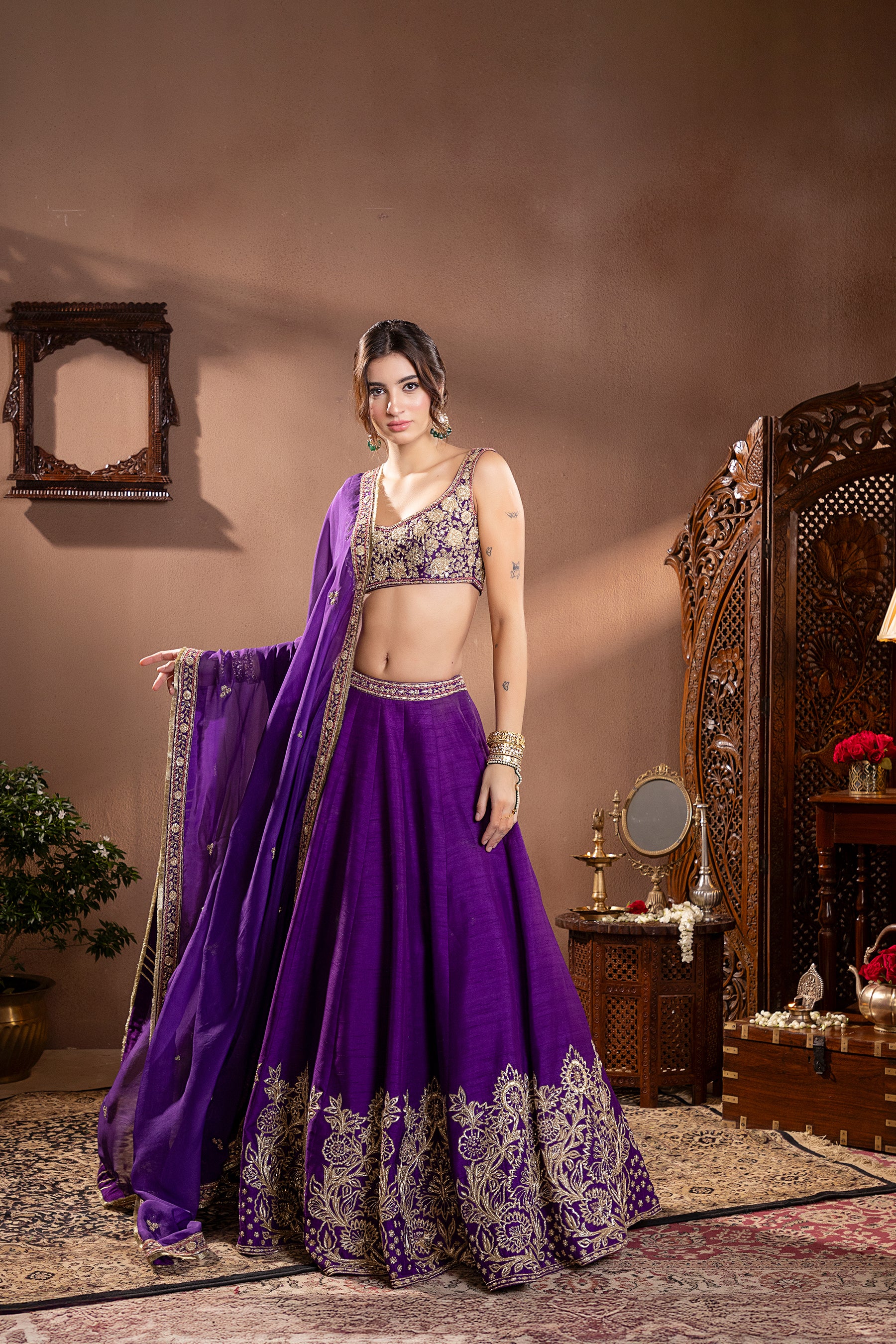 Purple Munga Silk Embroidered Lehenga Set