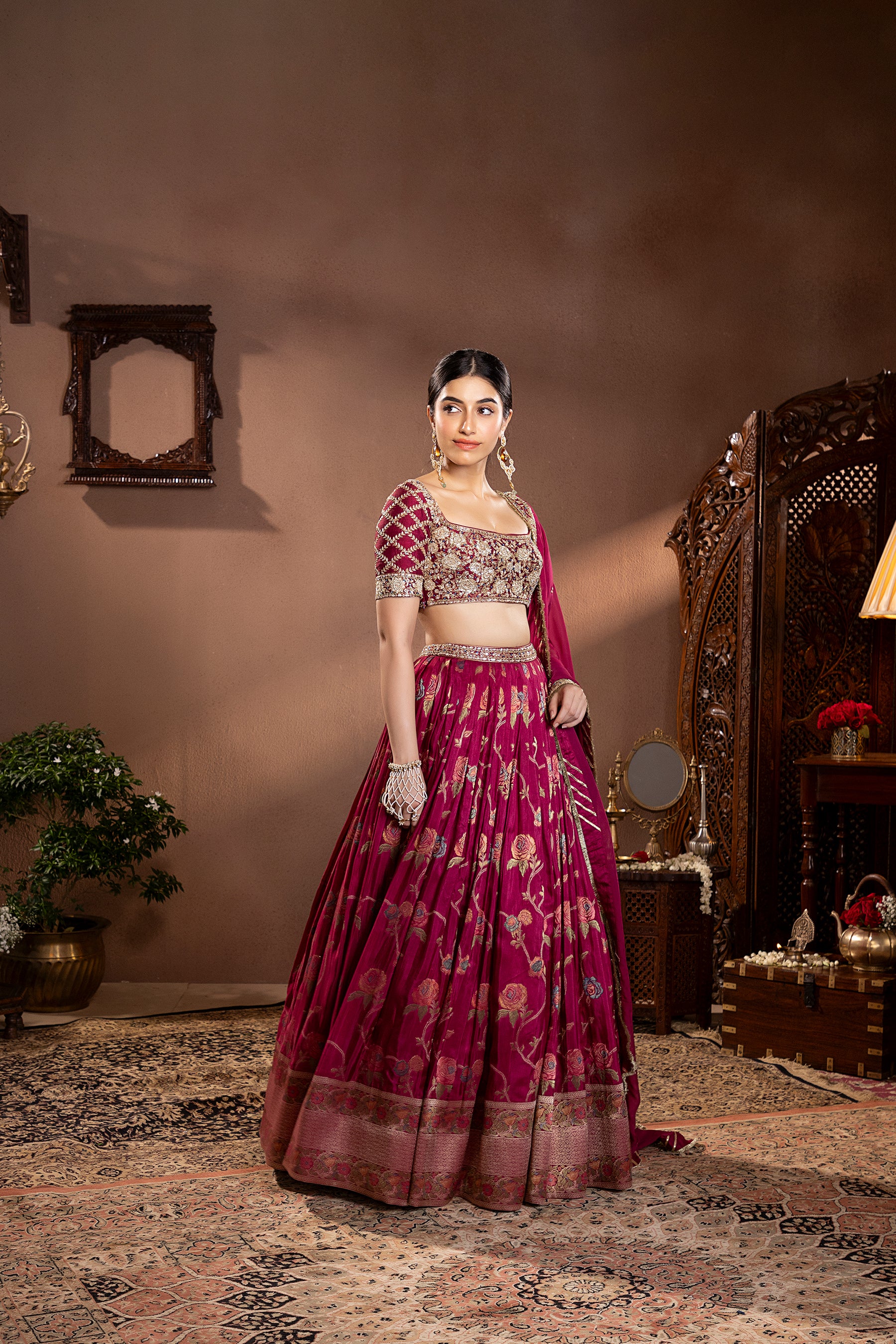 Wine Mina Zair Banarasi Silk Embroidered Lehenga
