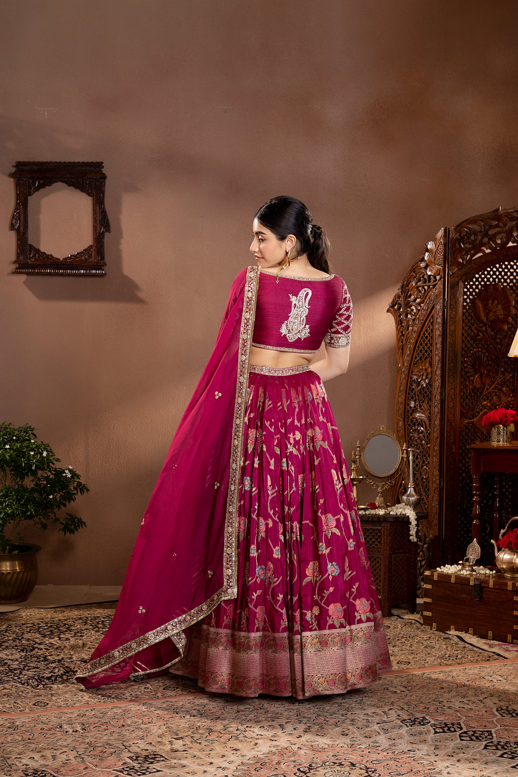 Wine Mina Zair Banarasi Silk Embroidered Lehenga